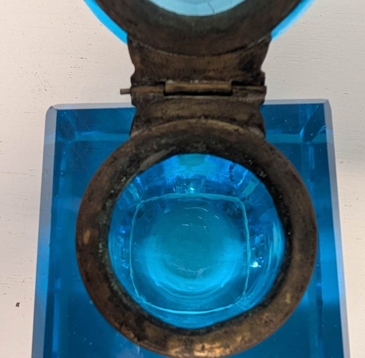 Antique Peacock Blue Glass Ink Well 1880s. Hand cut crystal.