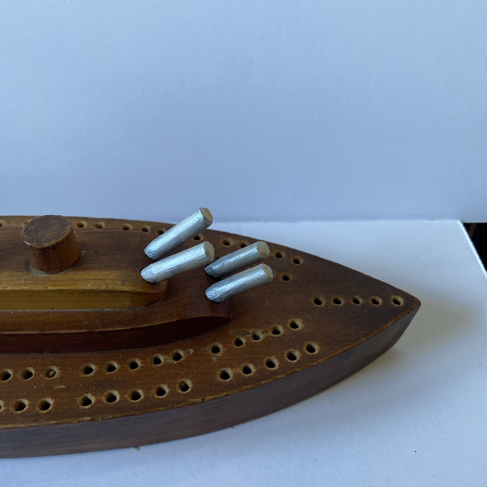 Vintage Folk Art WW2 Trench Art Battleship Cribbage Board Ship