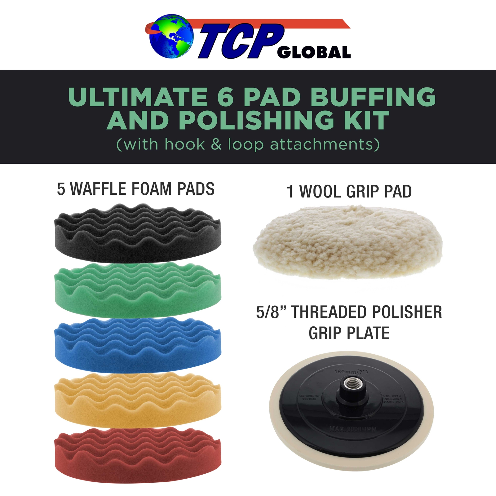 Waffle Foam & Wool Buffing & Polishing Pad Kit w/ 6 - 8" Pads Grip Backing Plate