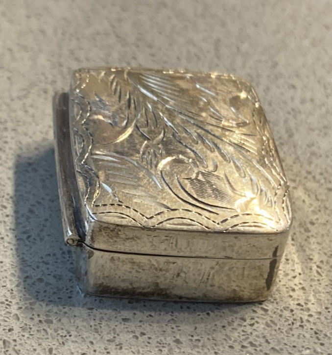 Vintage Engraved Sterling Silver Rectangle Pill Box