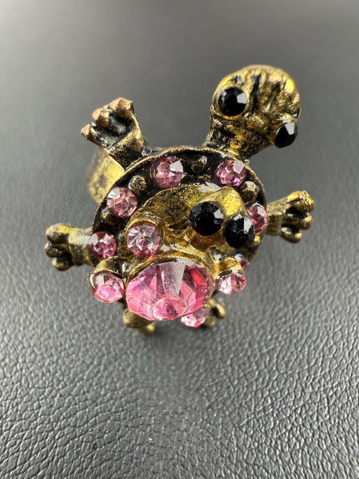 Gold Tone Pink Rhinestone Double Turtle Ring Size 5-7 Jewelry