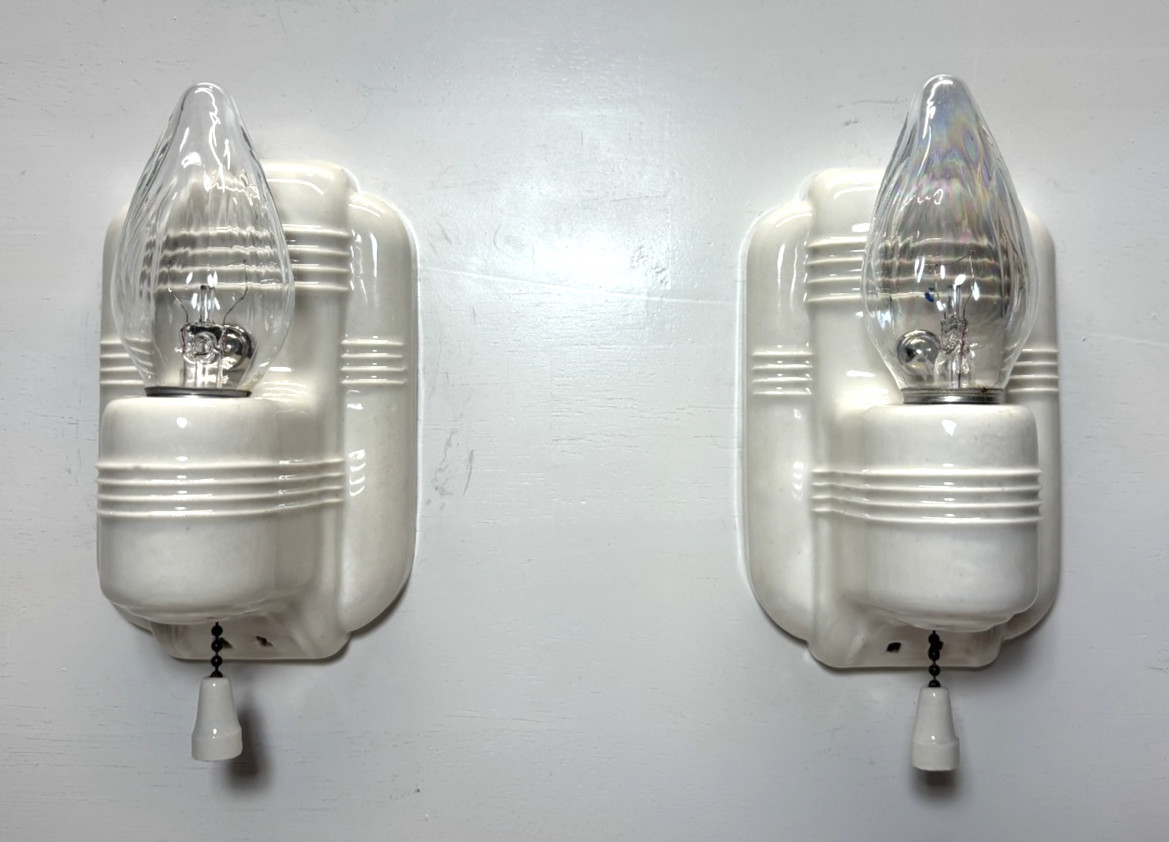 Vtg Porcelain Sconce Light Pair Paulding Ceramic Wall Fixture Art Deco USA #L59