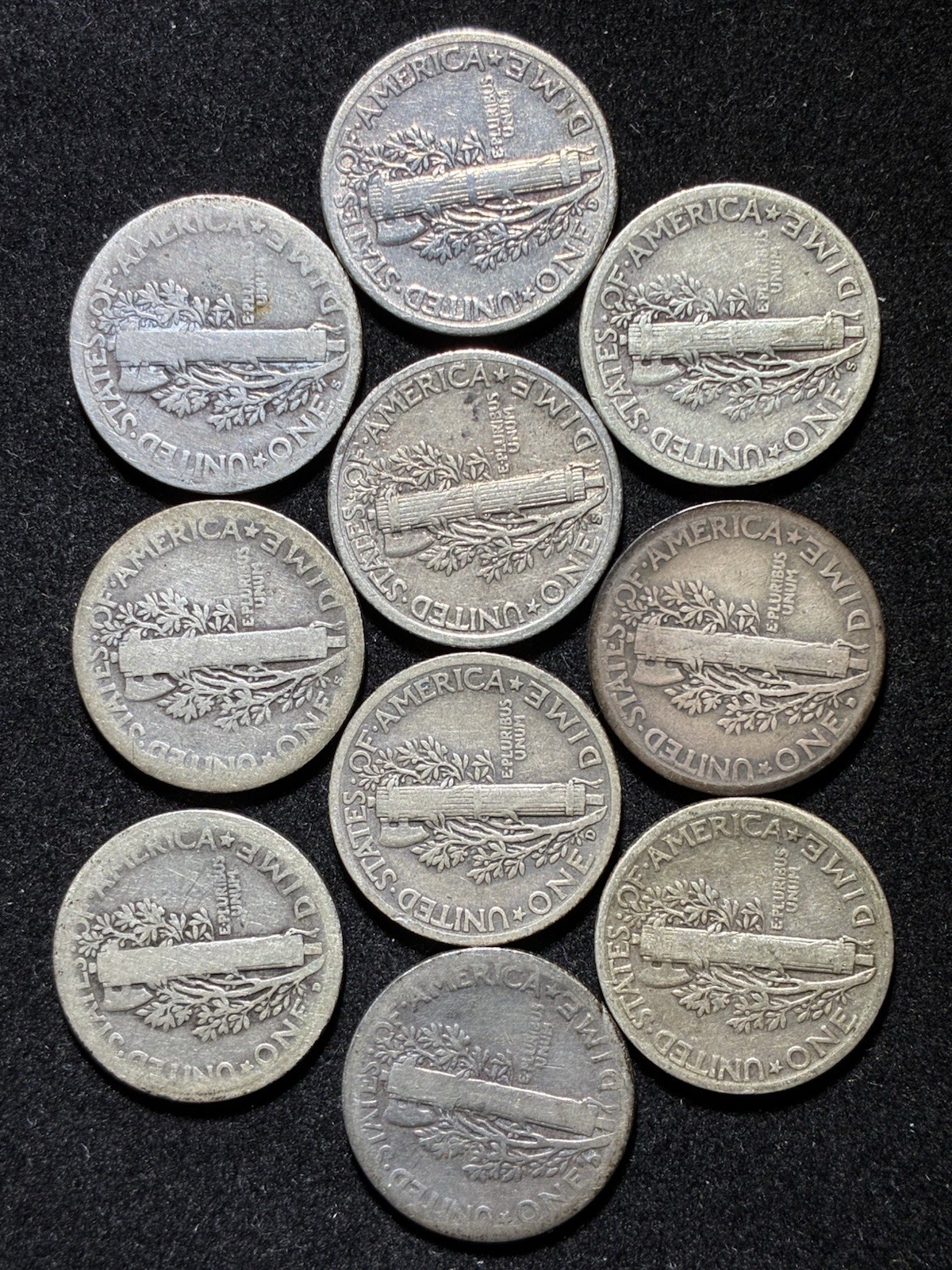10 Mecury Dimes: 1917D; 1918S; 1920S; 1935D; 1937D; 1938S; 1939D; 1929+D+S