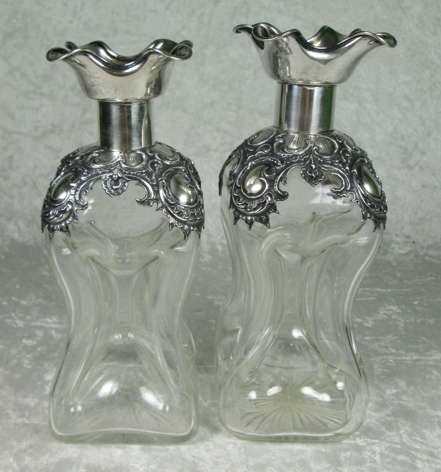 Wilhelm Binder Art Nouveau Decanters 800 Silver Overlay Pinched Glass Antique