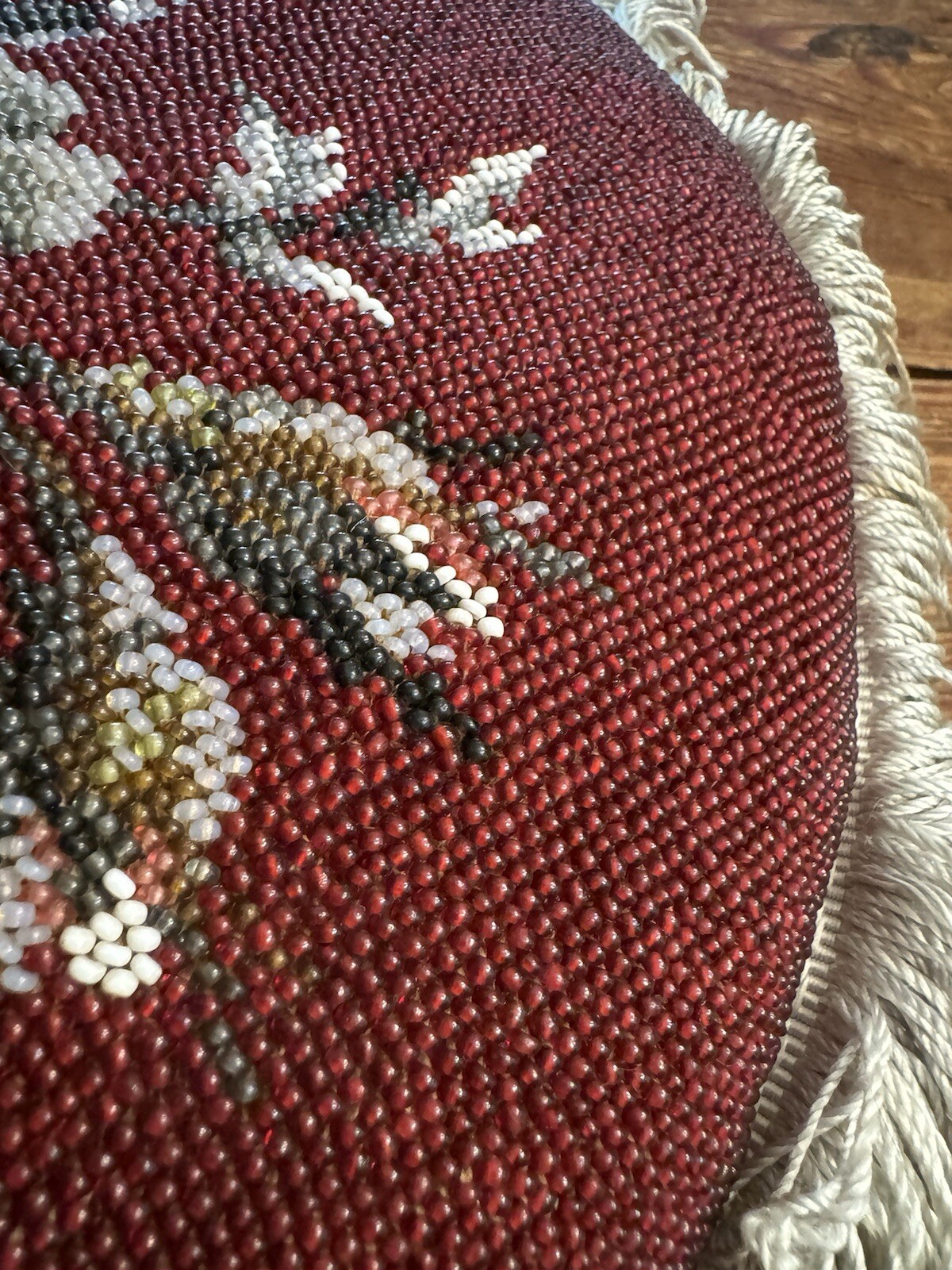 Victorian UK Embroidered & Beaded 13” Chair Seat Cushion w/ Purple Velvet Bottom