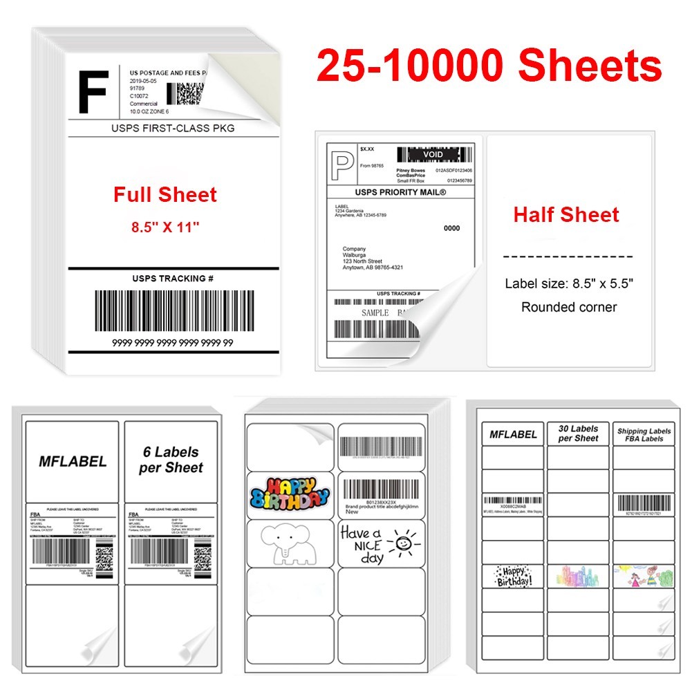 8.5" x 11" Sheet Shipping Labels Self Adhesive Half Sheet 30 UP for Laser Inkjet