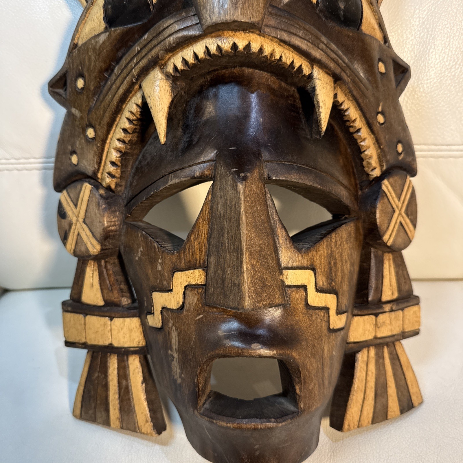 Mayan Hand Carved Mask Faces Reptiles two tone Wood Curved Hang Or Shelf Sit