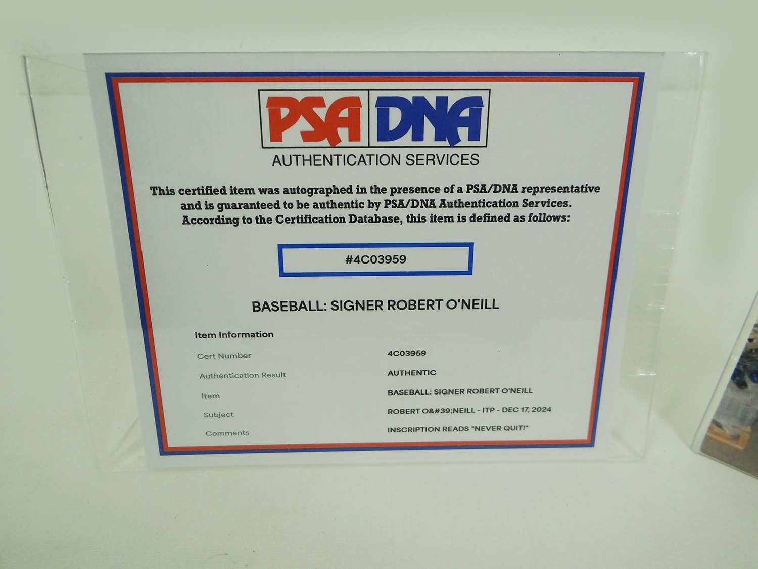 Robert O'Neill Signed Midnight Gold Baseball Inscribed “Never Quit” w/ PSA COA