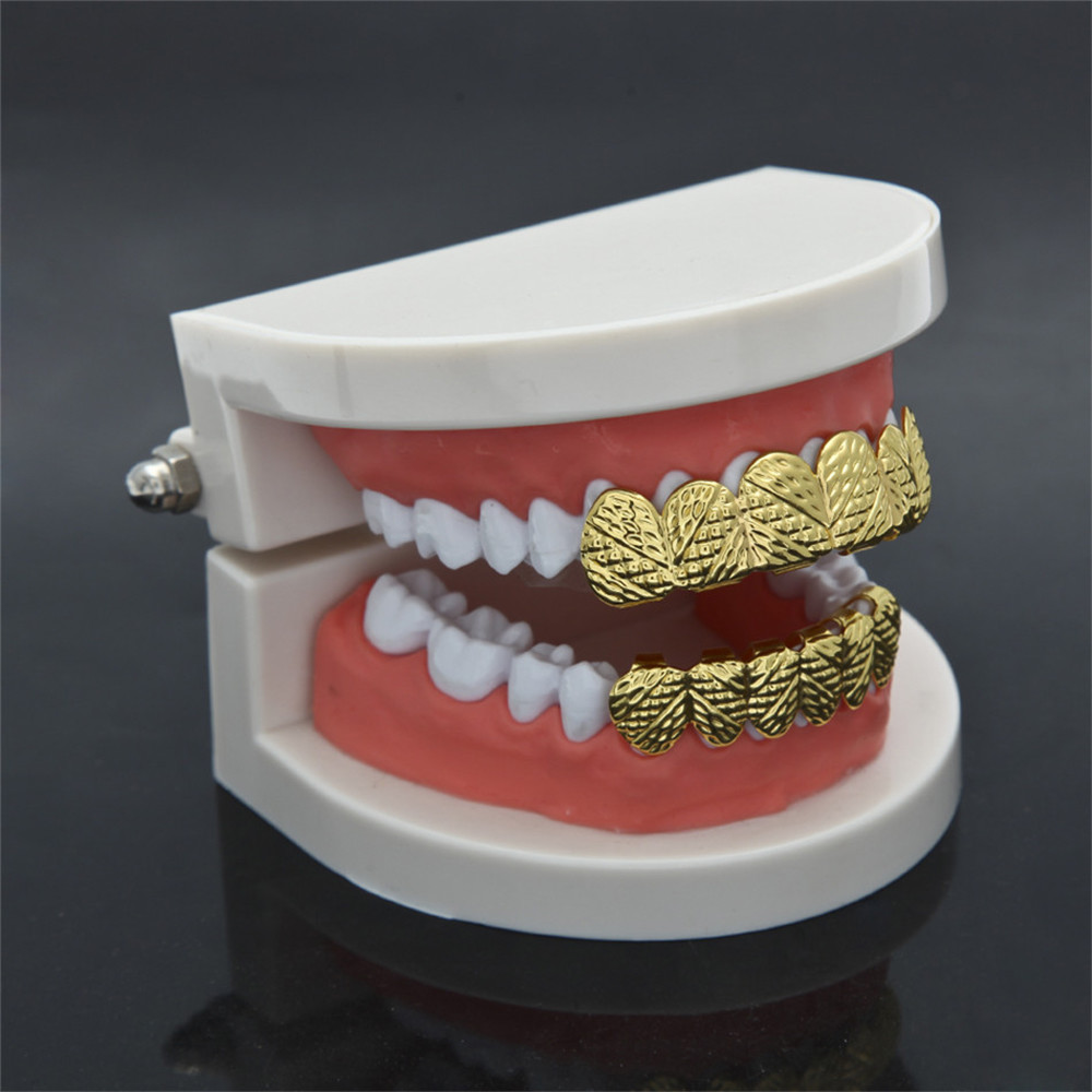 14K Gold Plated w/ Pattern Hip Hop Teeth Grillz Top & Bottom Grill Set *New*