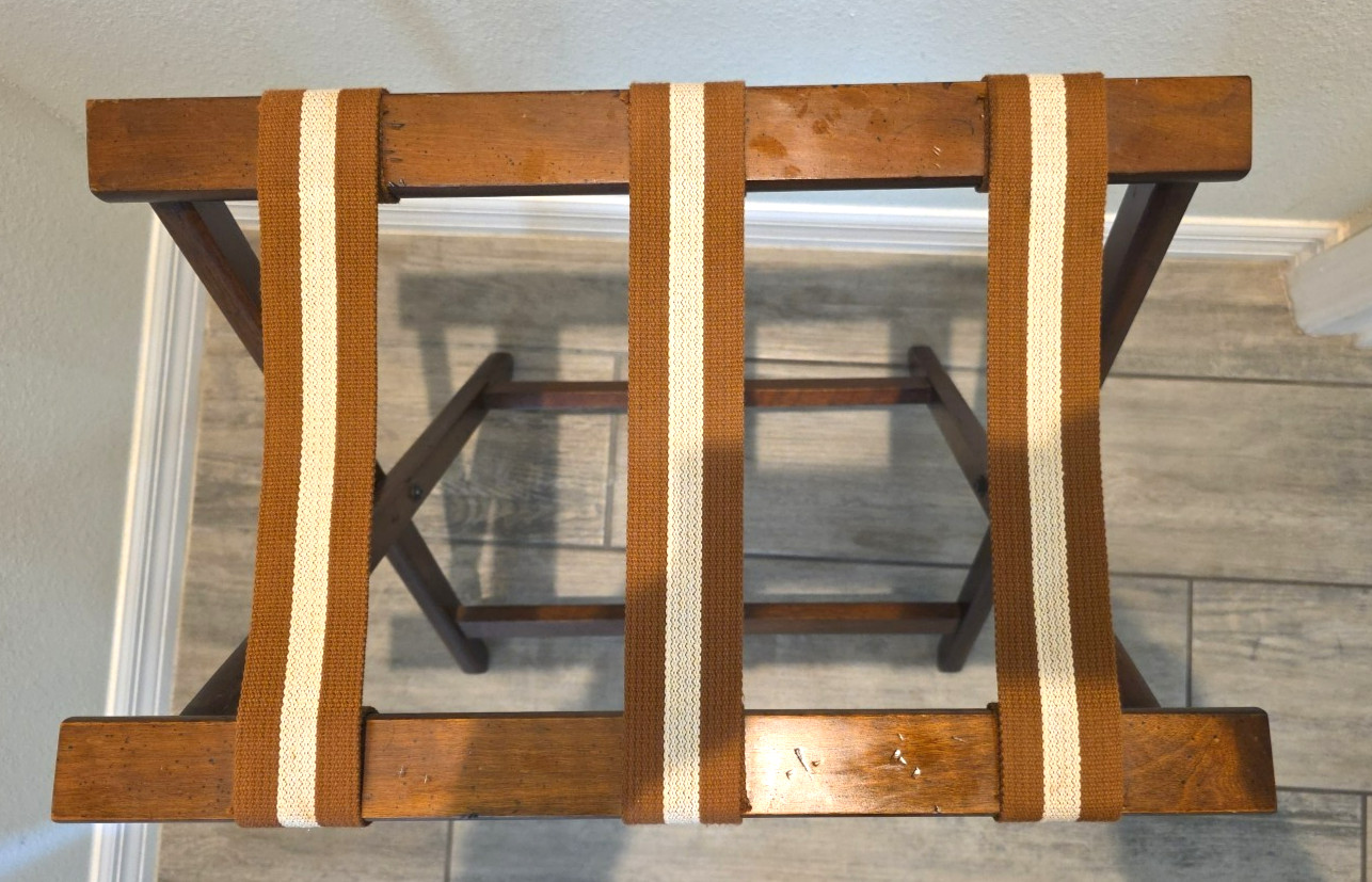 Vtg 1991 BOMBAY Folding Luggage Stand Suitcase Rack Wood Frame Striped Straps