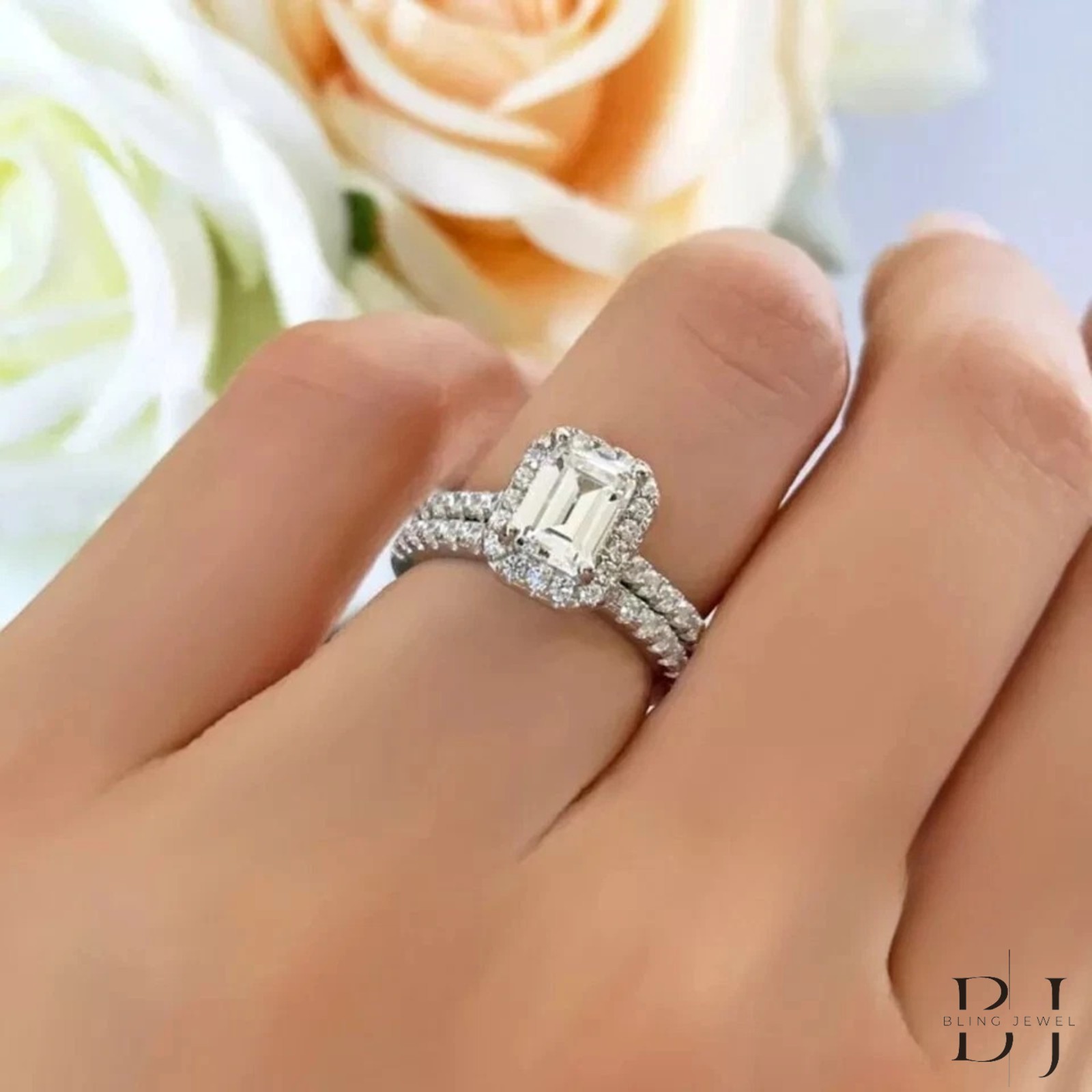 2.50 Emerald Cut Halo Moissanite Wedding Bridal Ring Set Solid 14K White Gold