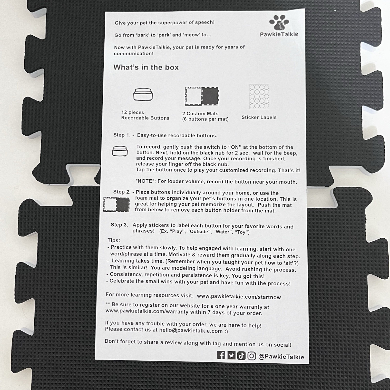 Pawkie Talkie Dog Talking Buttons Echo System Set 12 Buttons + 2 Mats