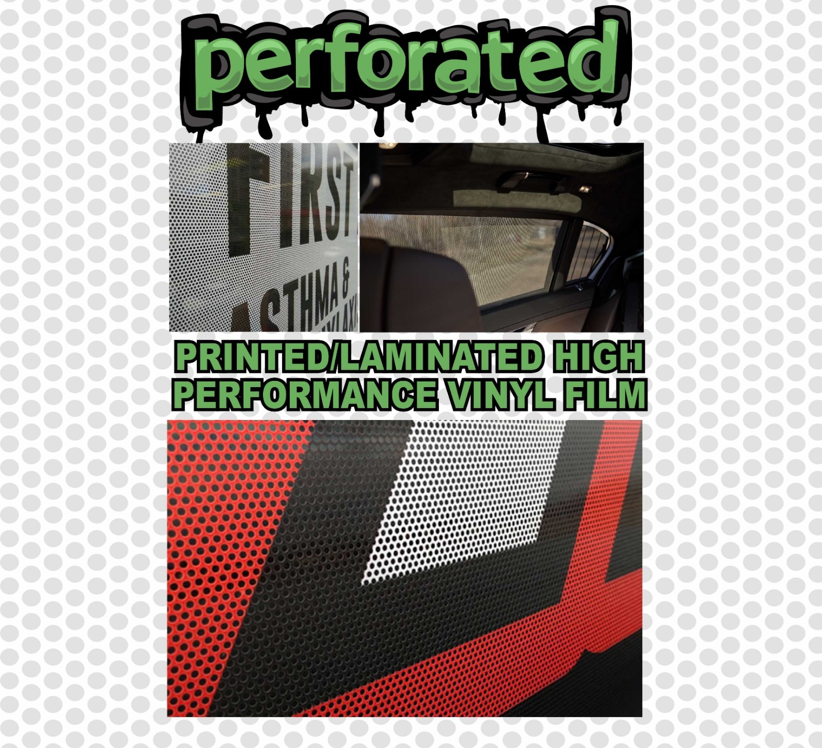 Custom Perforated Window Vinyl – One Way Vision Car Window Graphic w/ Lamination