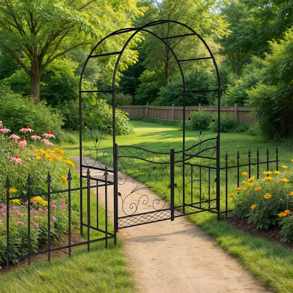 86.6 In. X 137 In. Outdoor Iron Arbor with Gate and Fence