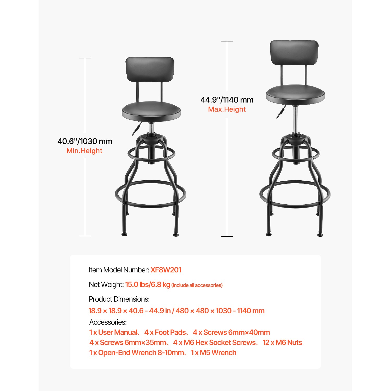 Shop Stool Adjustable Height Garage Work Seat 300 lbs Load with Backrest