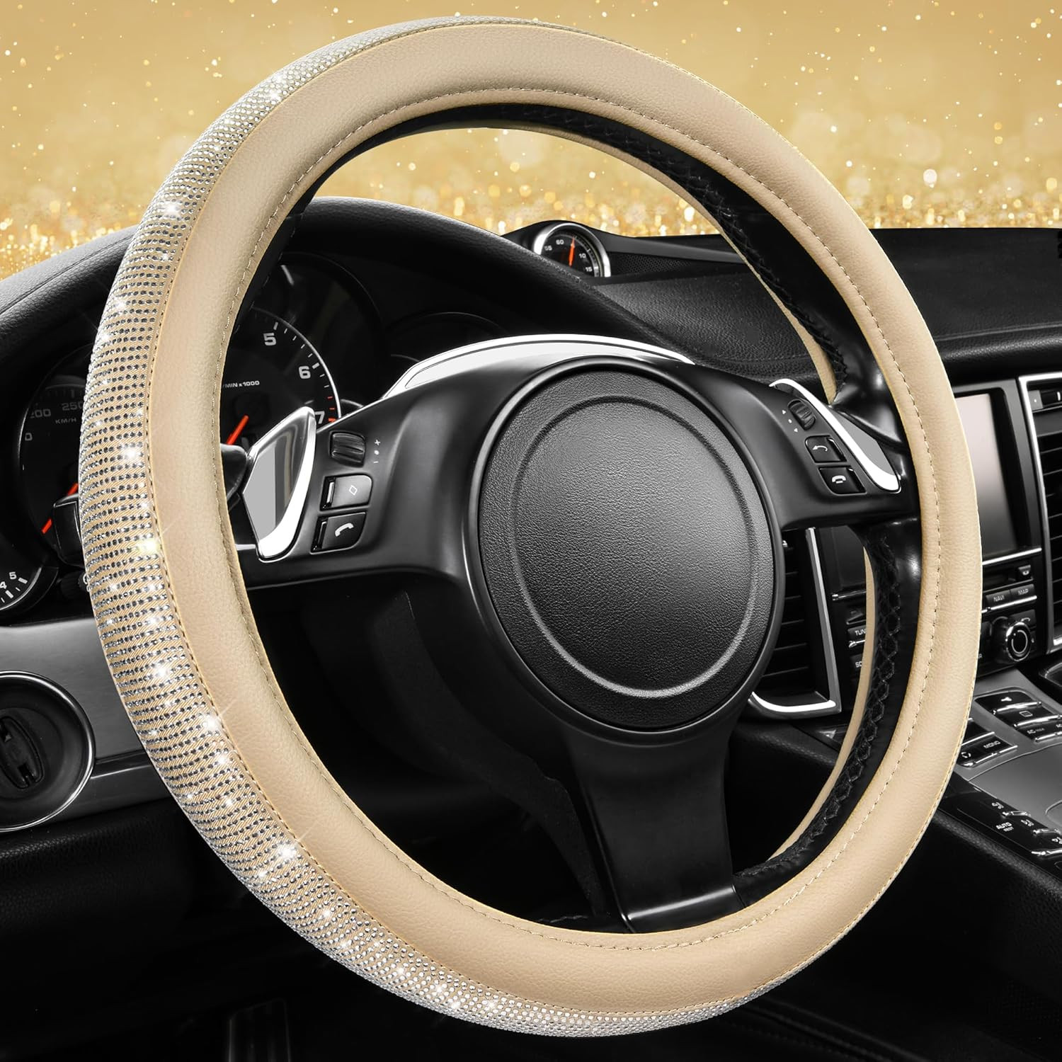 Bling Diamond Beige Leather Steering Wheel Cover, White Sparkly Crystal Glitter