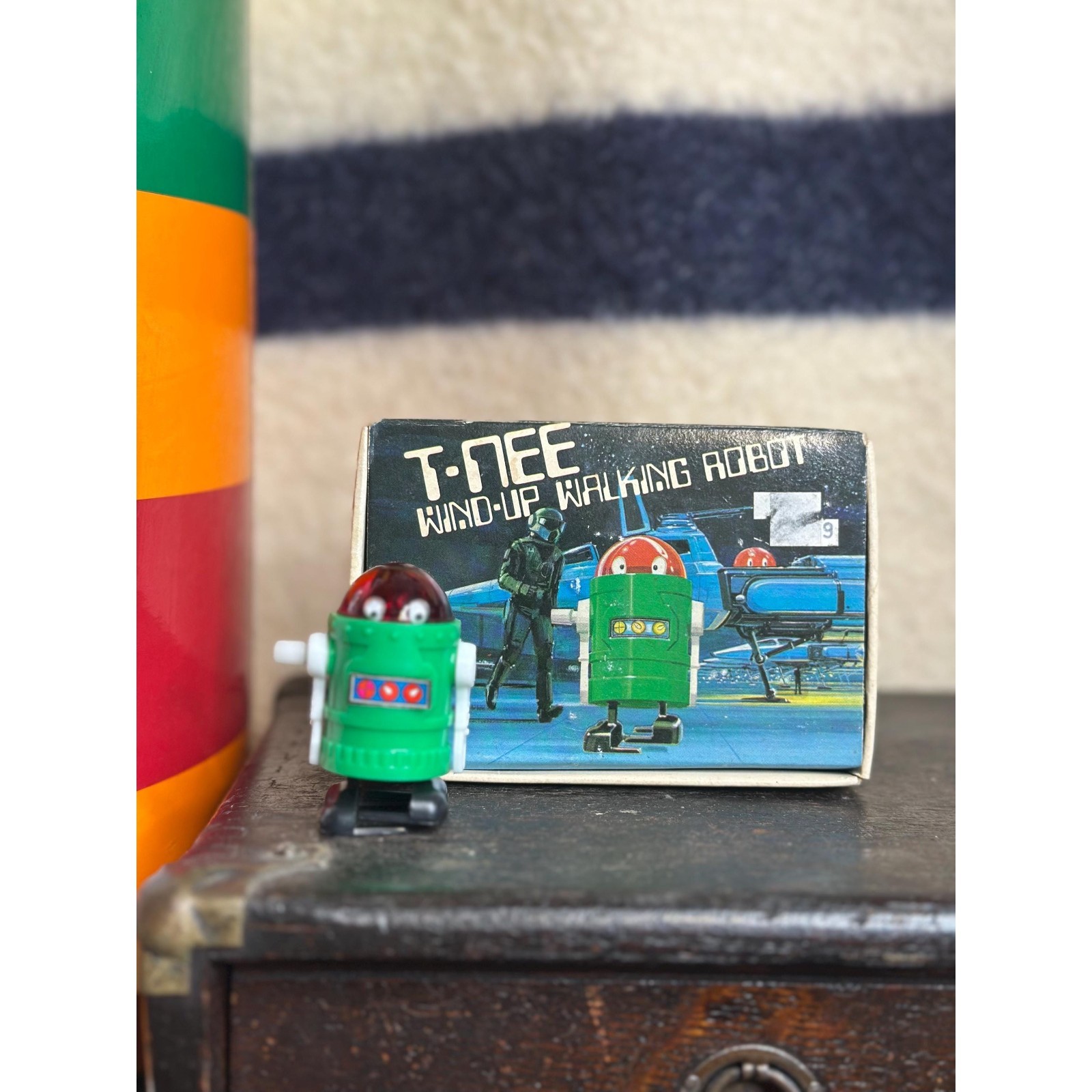 Vintage 1980s Working T-NEE Wind-Up Walking Robot in Original Box