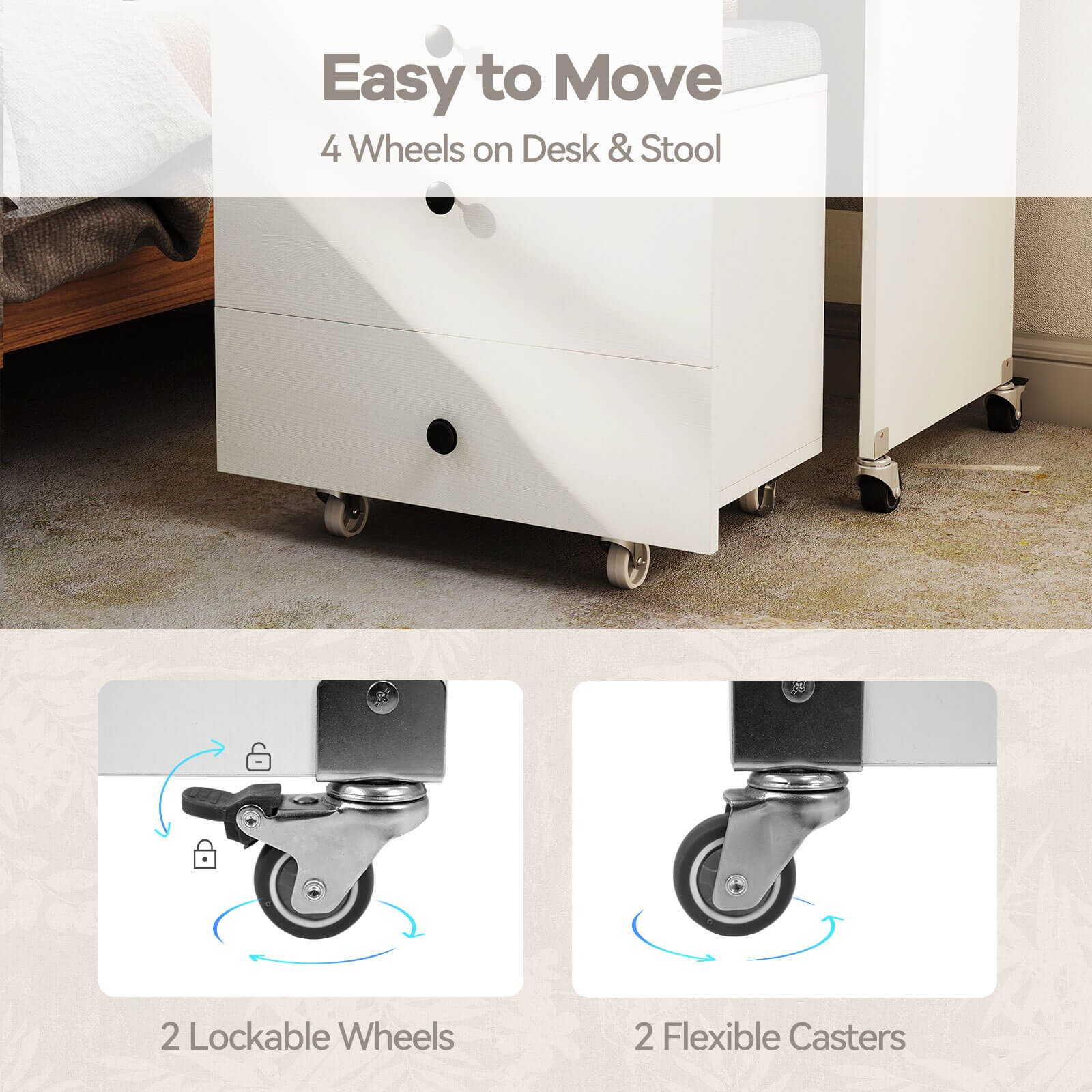 3-in-1 Small Vanity Desk Set w/Flip-top Mirror, Lights, Drawers, Storage Stool