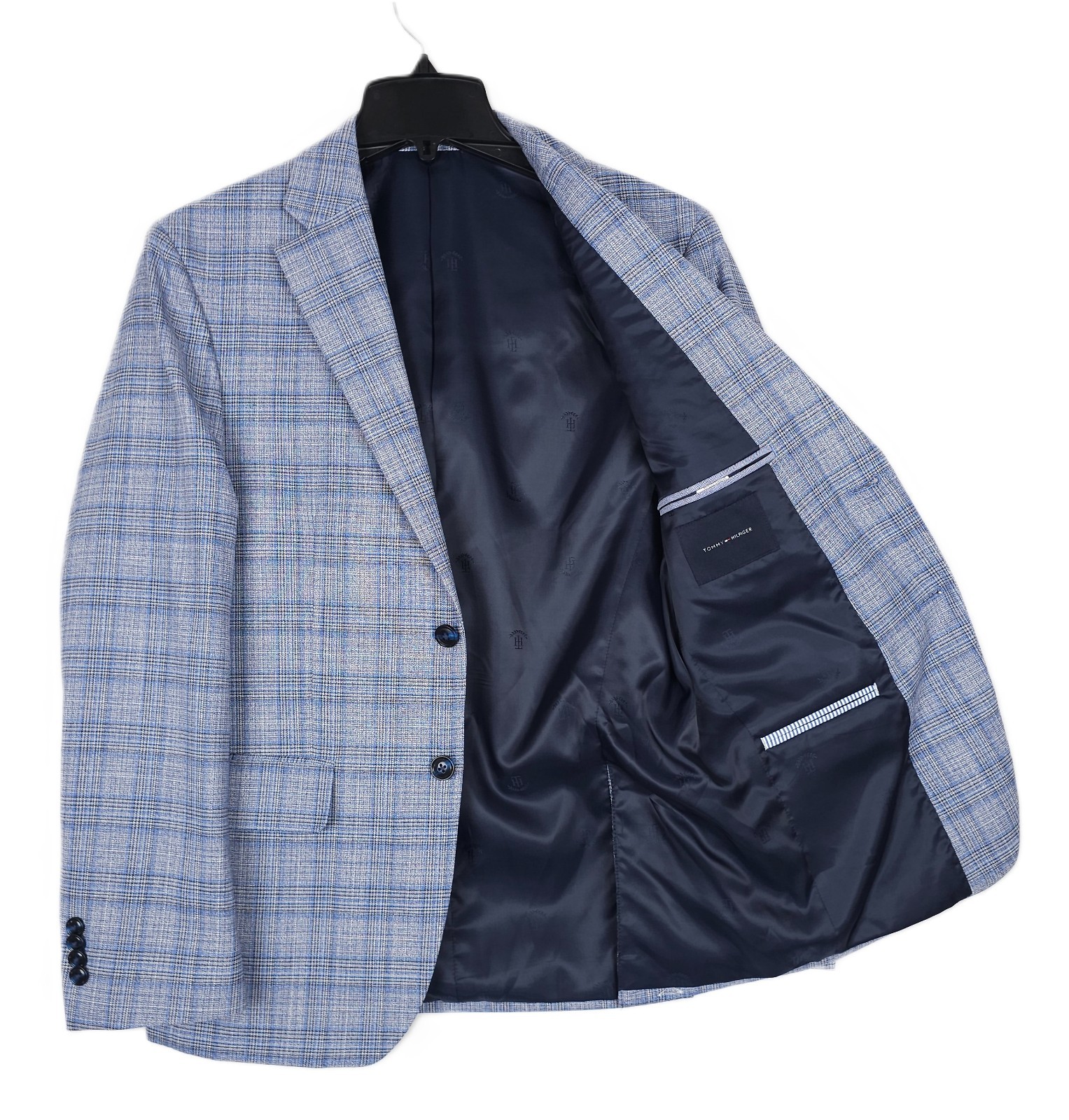 Tommy Hilfiger Mens Modern Fit Sport Coat 36S Light Blue Plaid Flex Stretch NWT