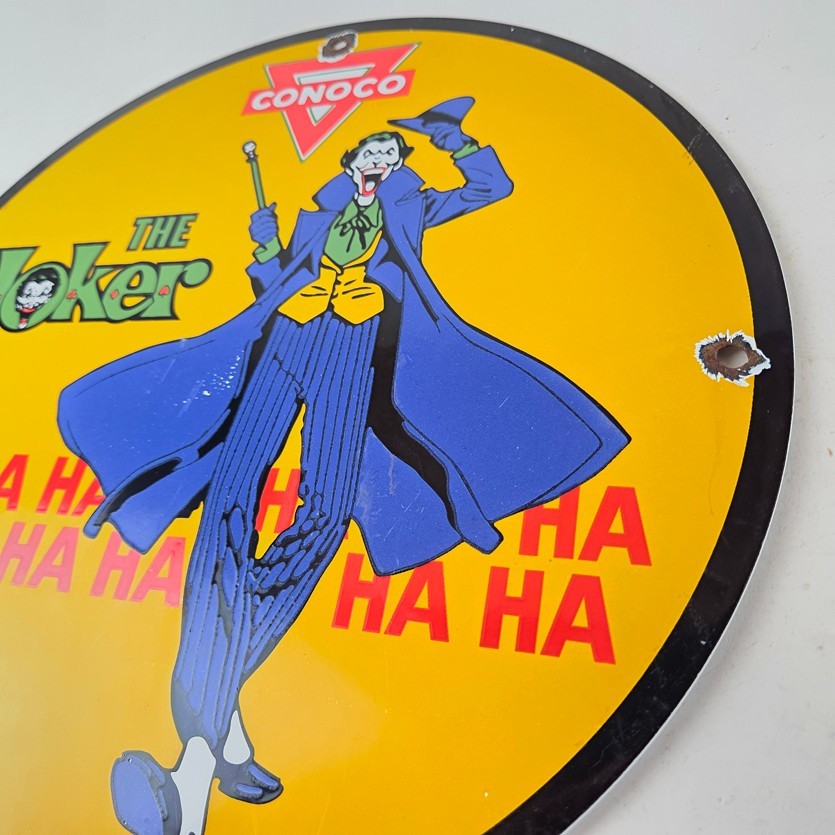 Vintage Conoco Gasoline Porcelain Sign - Joker Batman N-Tane Comic Gas Pump Sign
