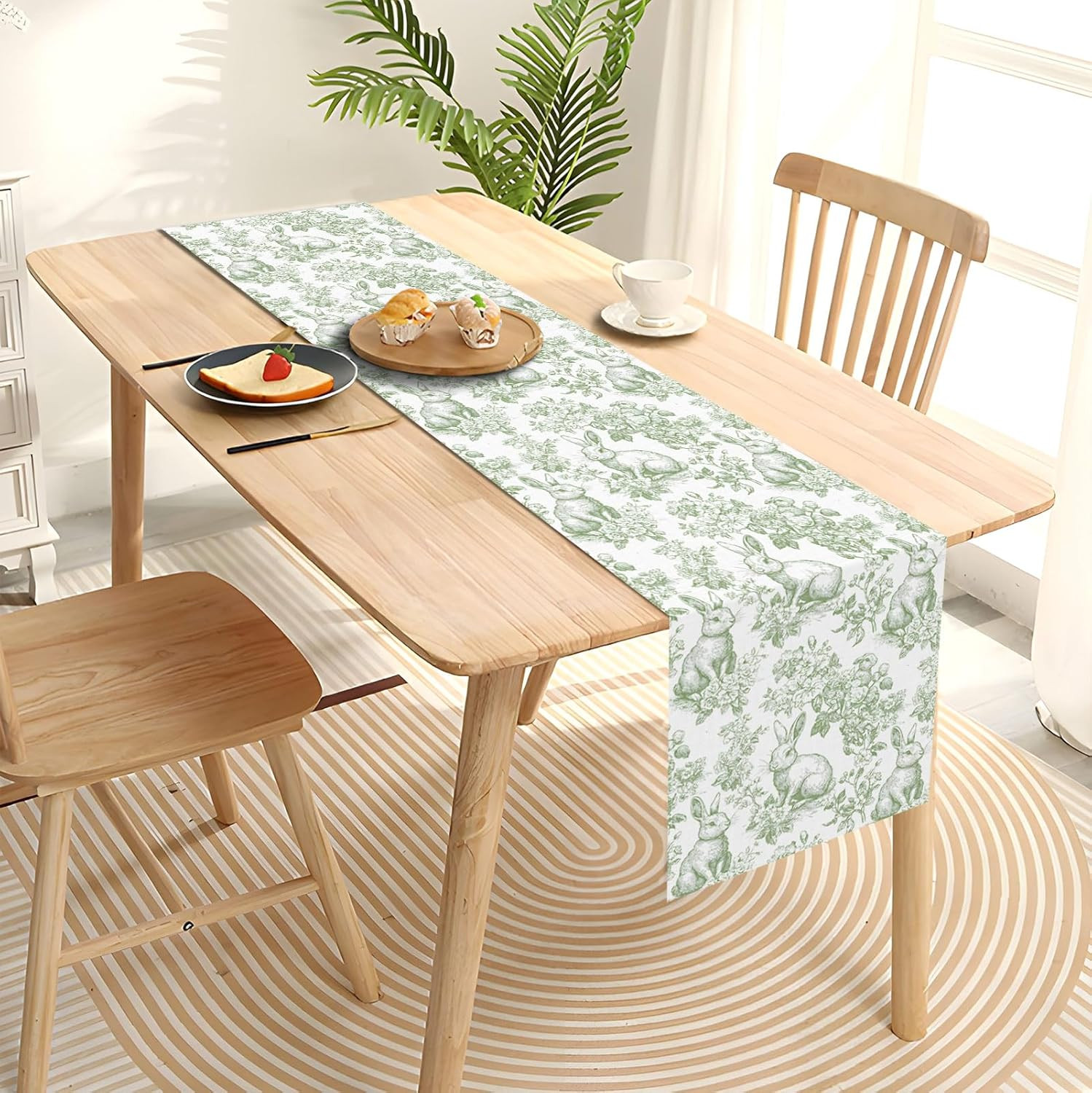 Chinoiserie Easter Table Runner Toile De Jouy Vintage Green and White Bunny Spri