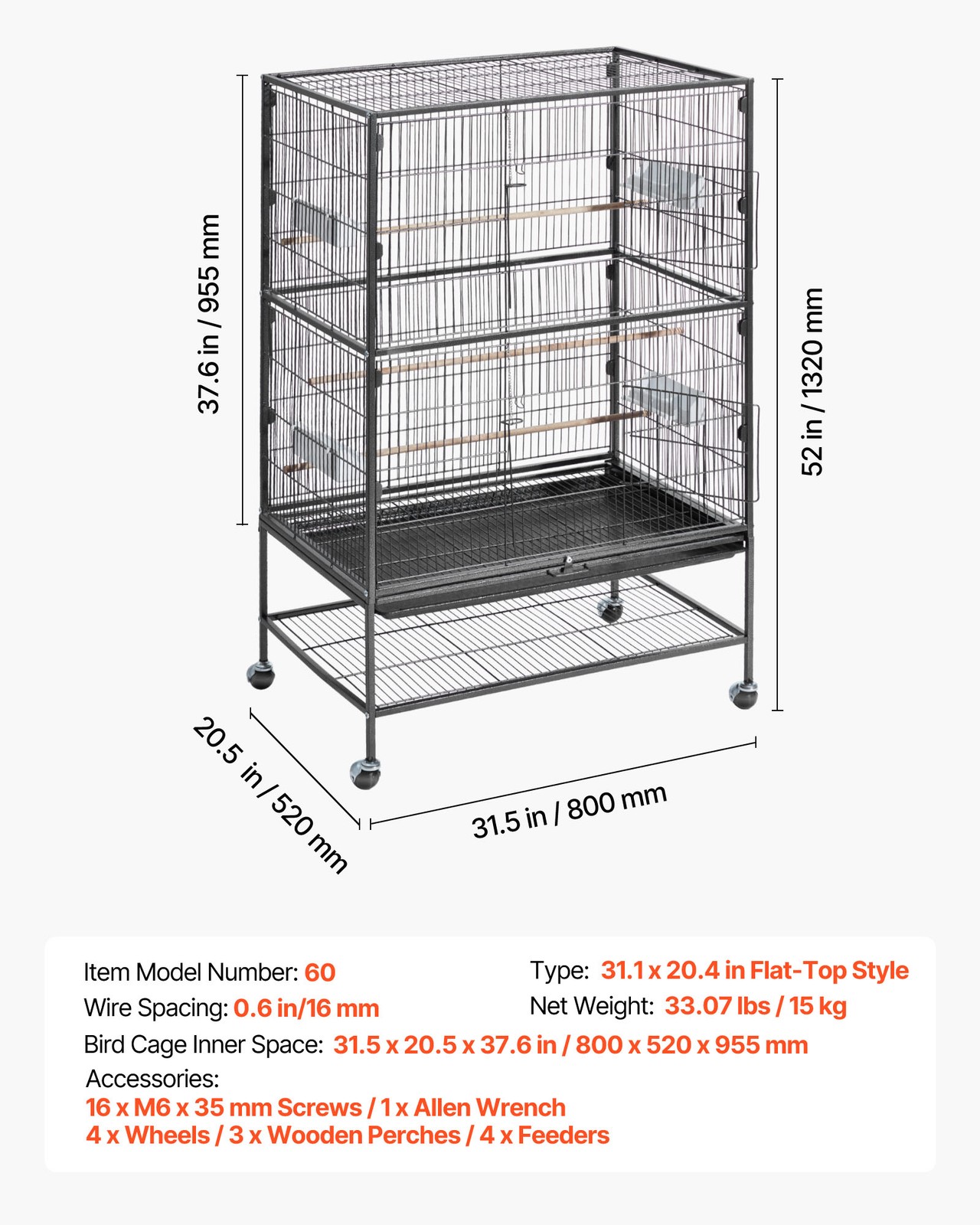 VEVOR Bird Cage Bird Flight Cage 31.5 x 20.5 x 52 inch Wrought Iron with Perches