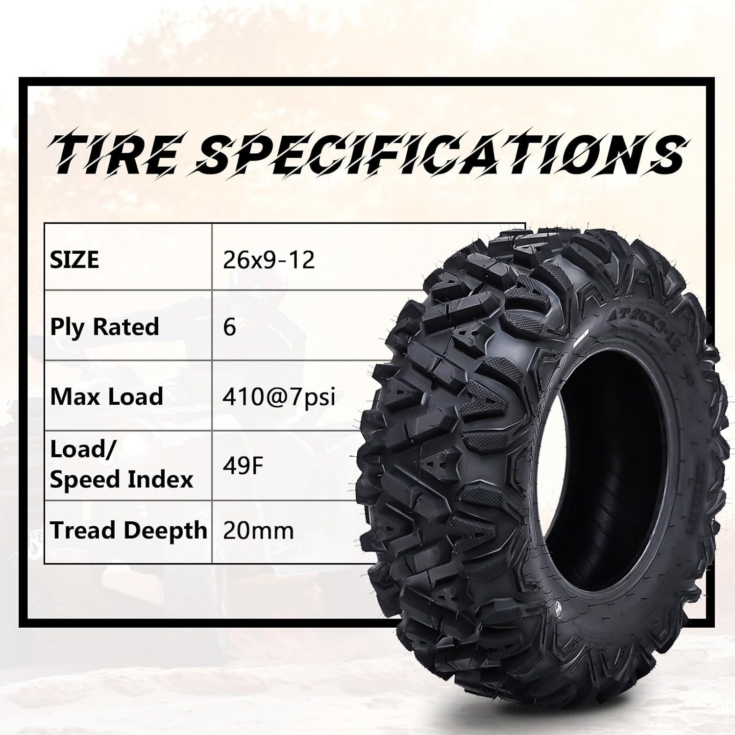 4PCS 26x11-12 26x9-12 Front Rear ATV Tires 26x11x12 26x9x12 6PR Mud ATV UTV Tire