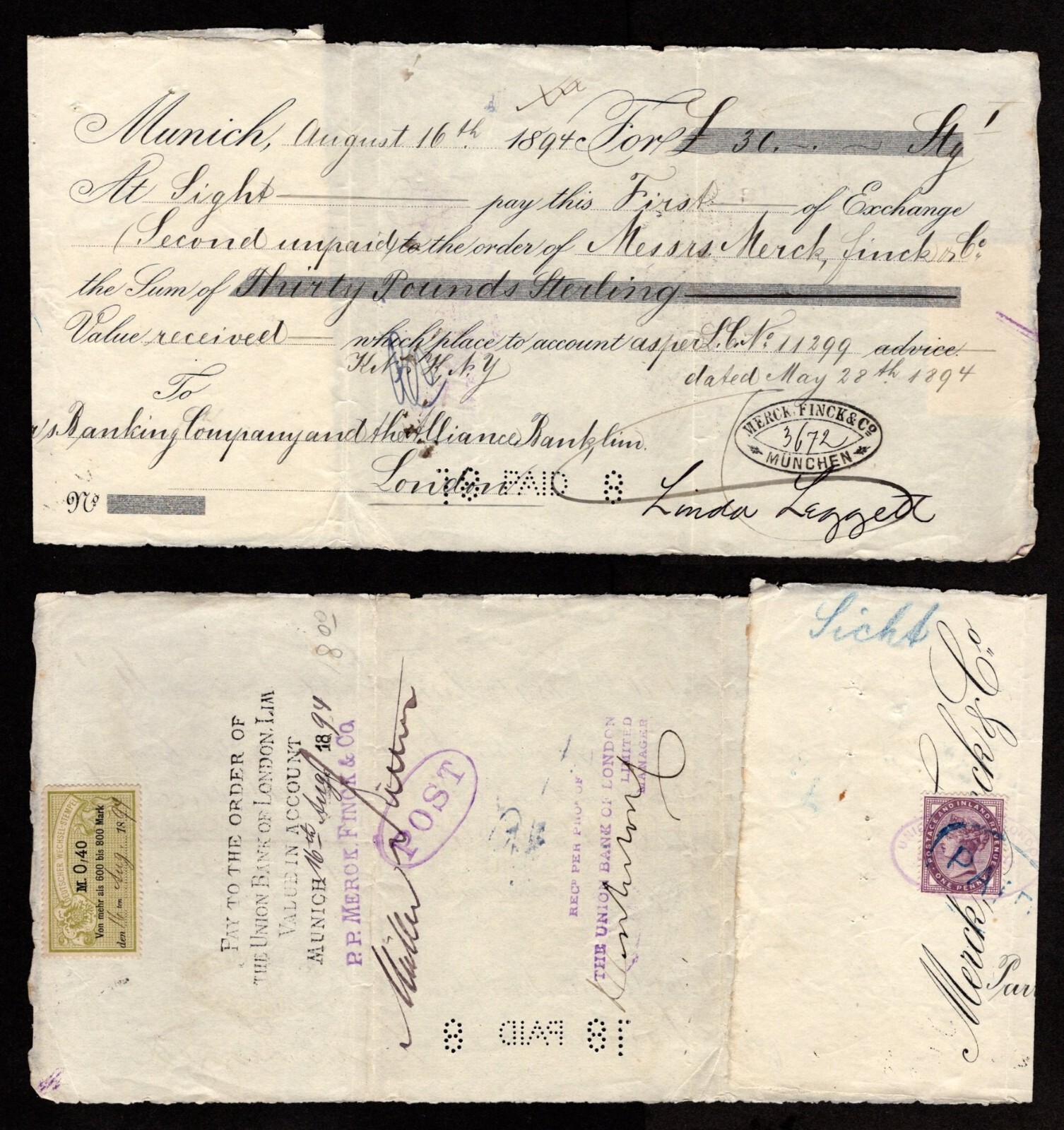 1894 Germany and UK Dual Fiscal Franking on Cheque