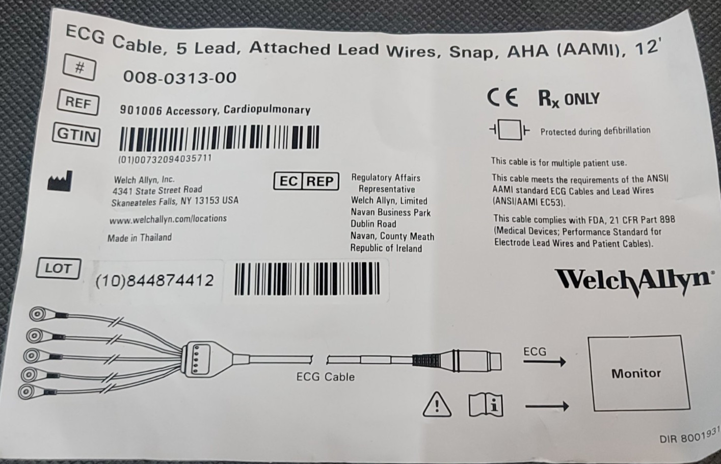 Welch Allyn ECG Cable 6 Pin 5 Leads Snap AHA Compatible 12' 008-0313-00