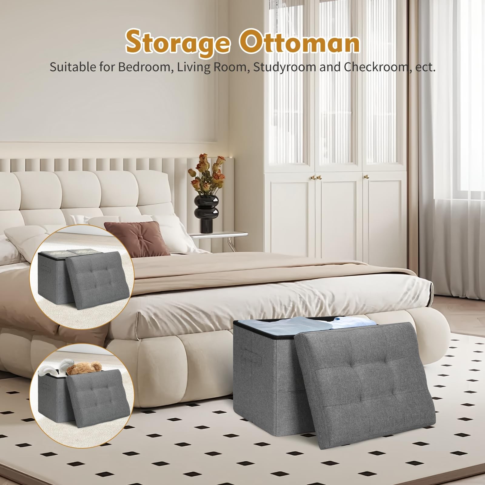 Storage Ottoman with Extra Thick Foam Padded Seat, Foldable Foot Rest Stool w...