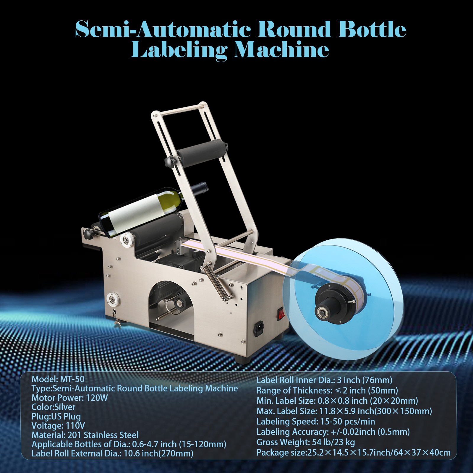 Semi-Automatic Round Bottle Labeling Machine, φ0.6-4.7" Adjustable Labeler
