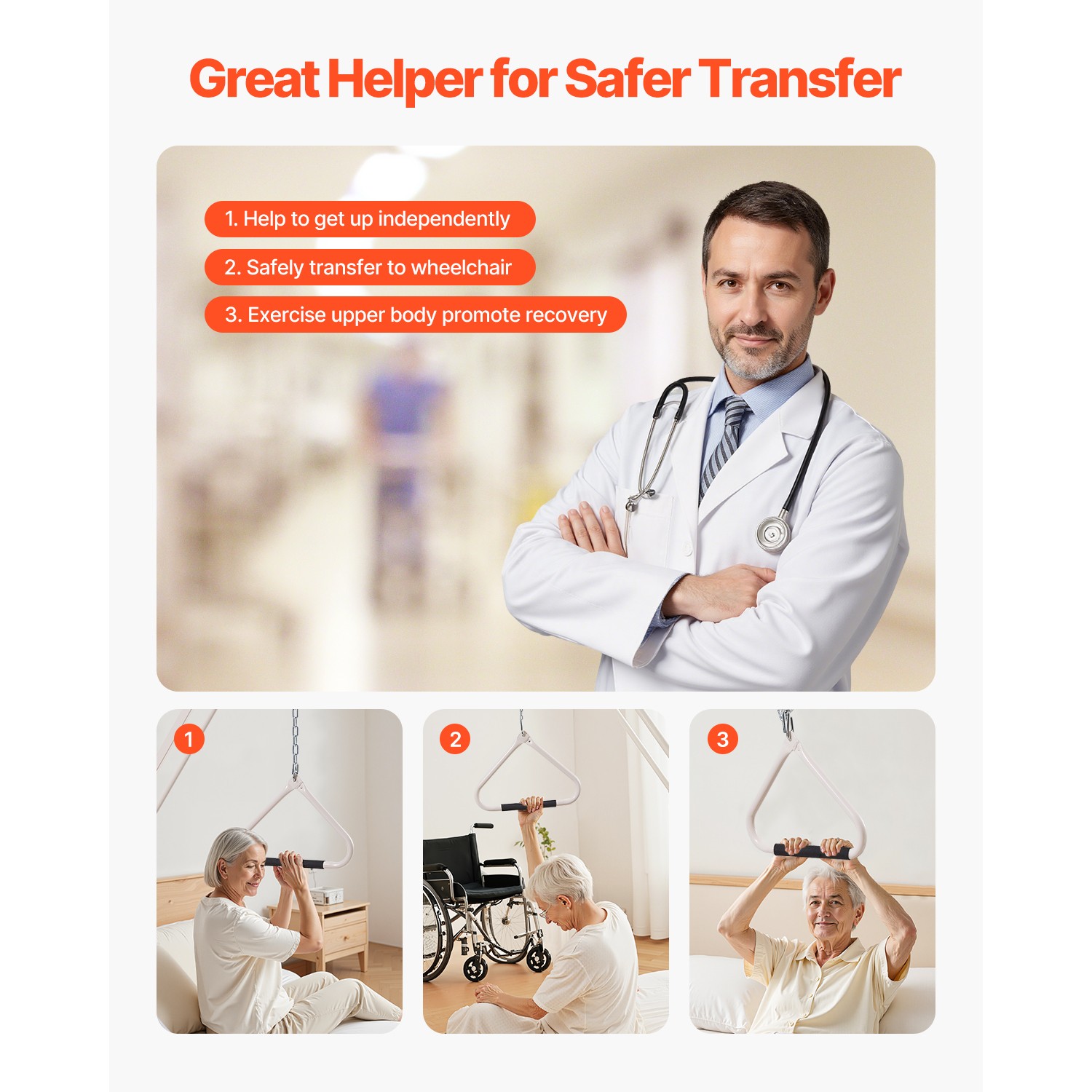 Trapeze Bar for Bed Mobility 250LBS Bed Trapeze with Clamps & Metal Chain