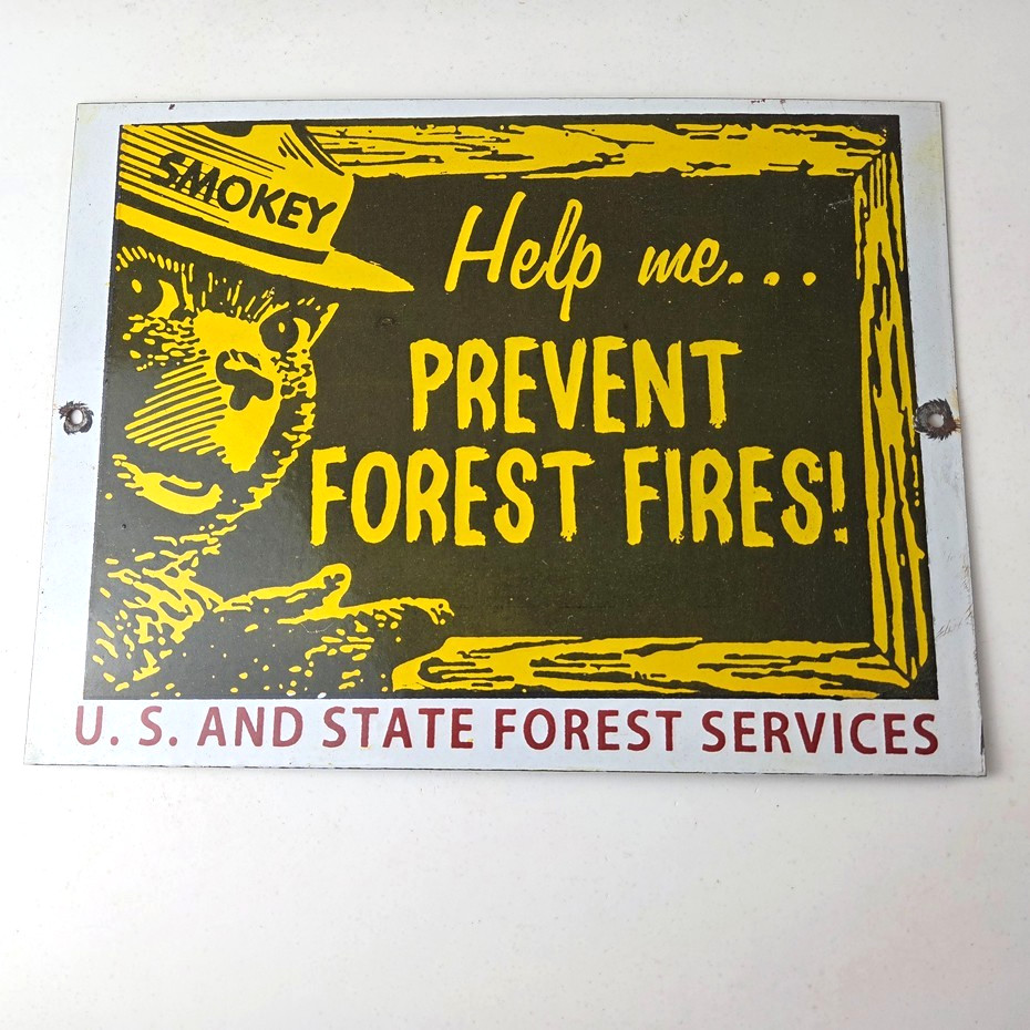 Vintage USA Forest Service Sign - Smokey the Bear Hiking Gas Porcelain Sign