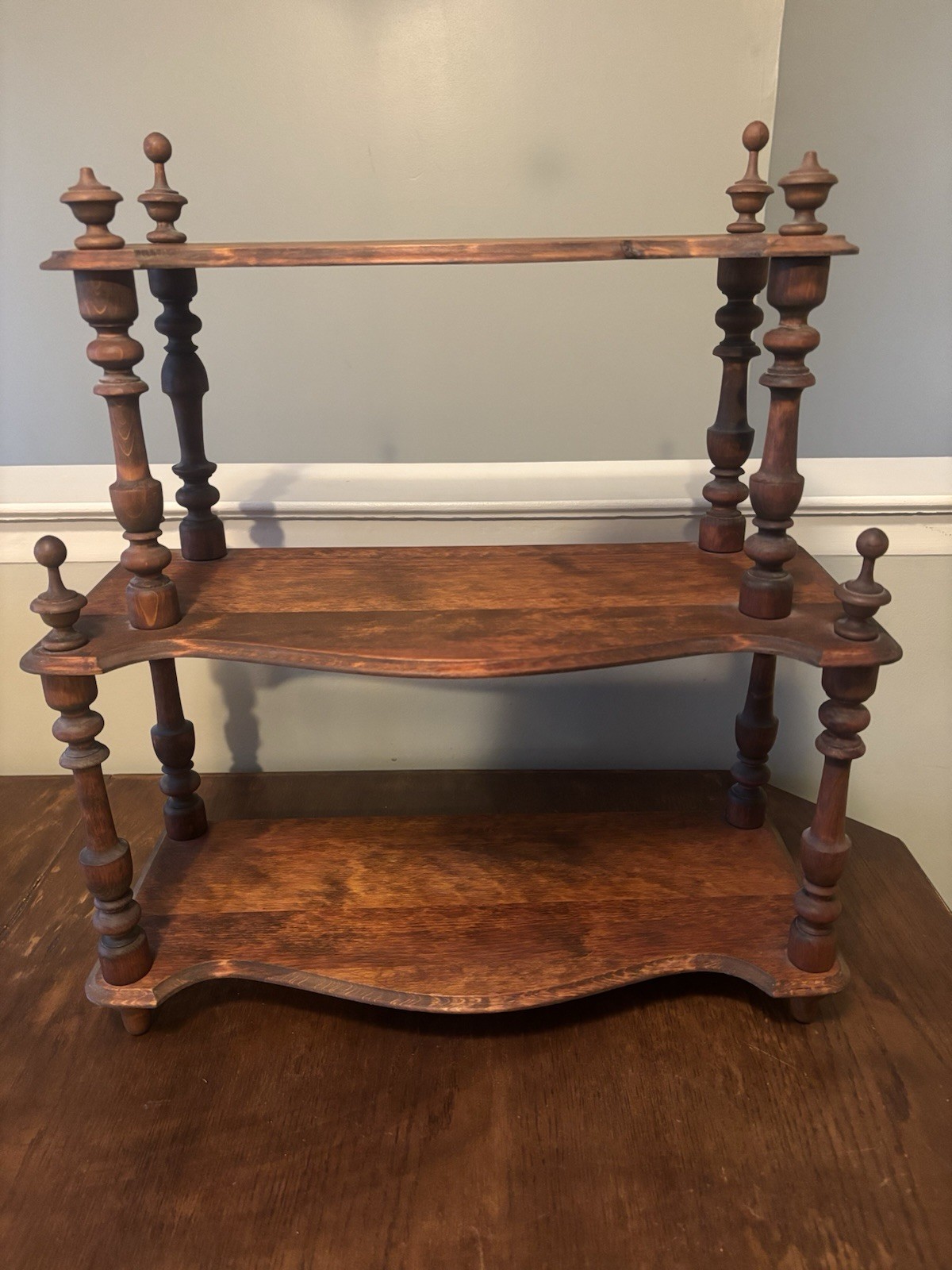 Antique 3 Shelf Wood Whatnot Bookshelf, Victorian    22”L 22”H 9.5”D Spindles