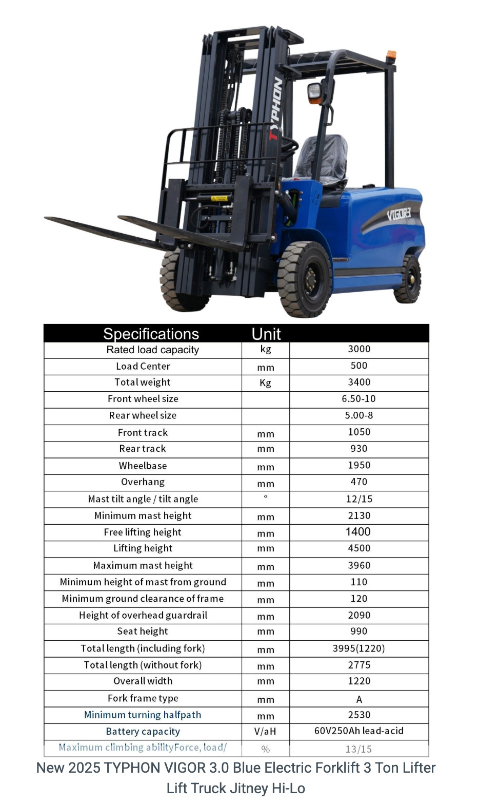 Brand New Electric Forklift 3 Ton Rated Capacity Lifter Truck USA w side shift