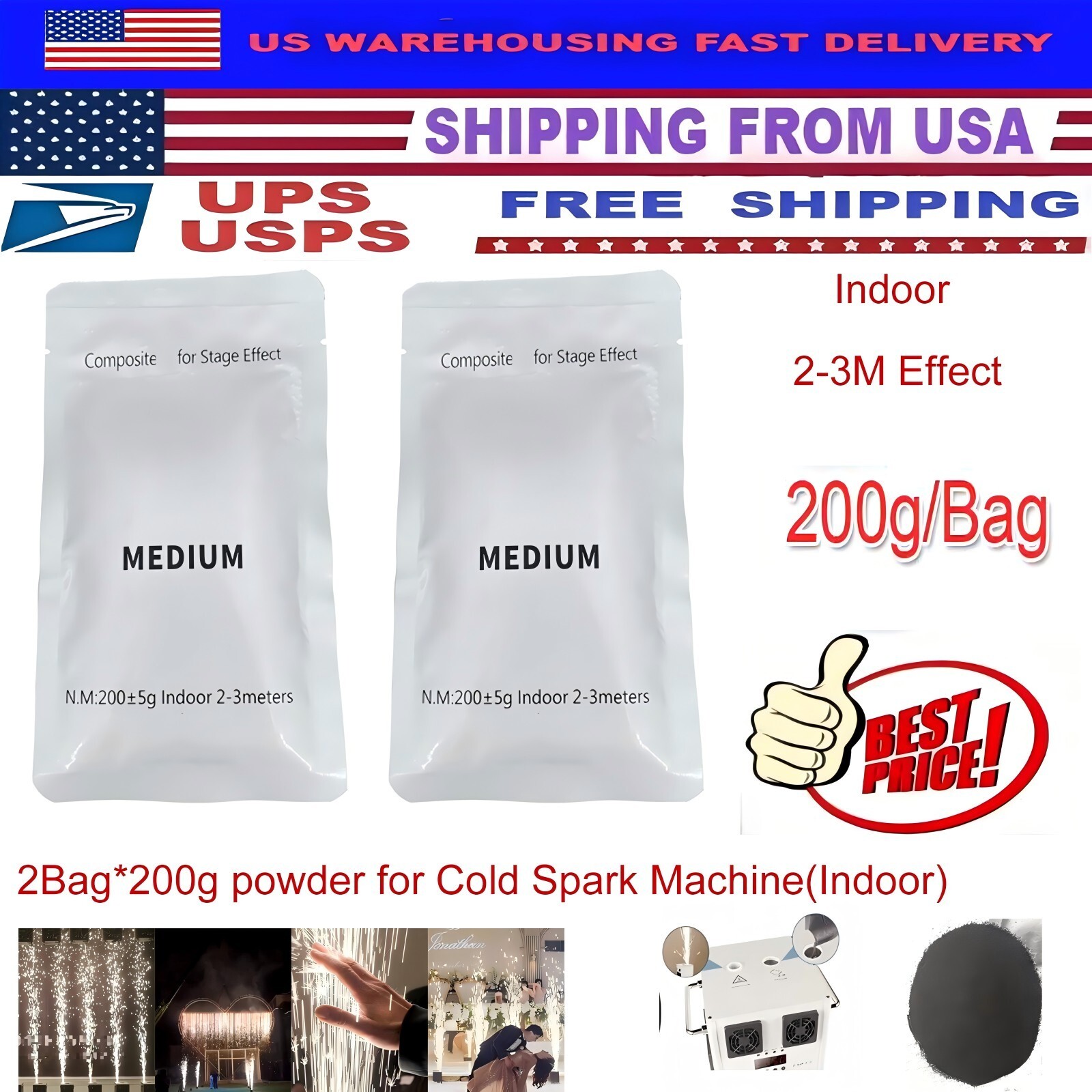 2bag*200g Cold Spark Machine Powder,Indoor2-3M, for Weddings,Stages,Party(400g)
