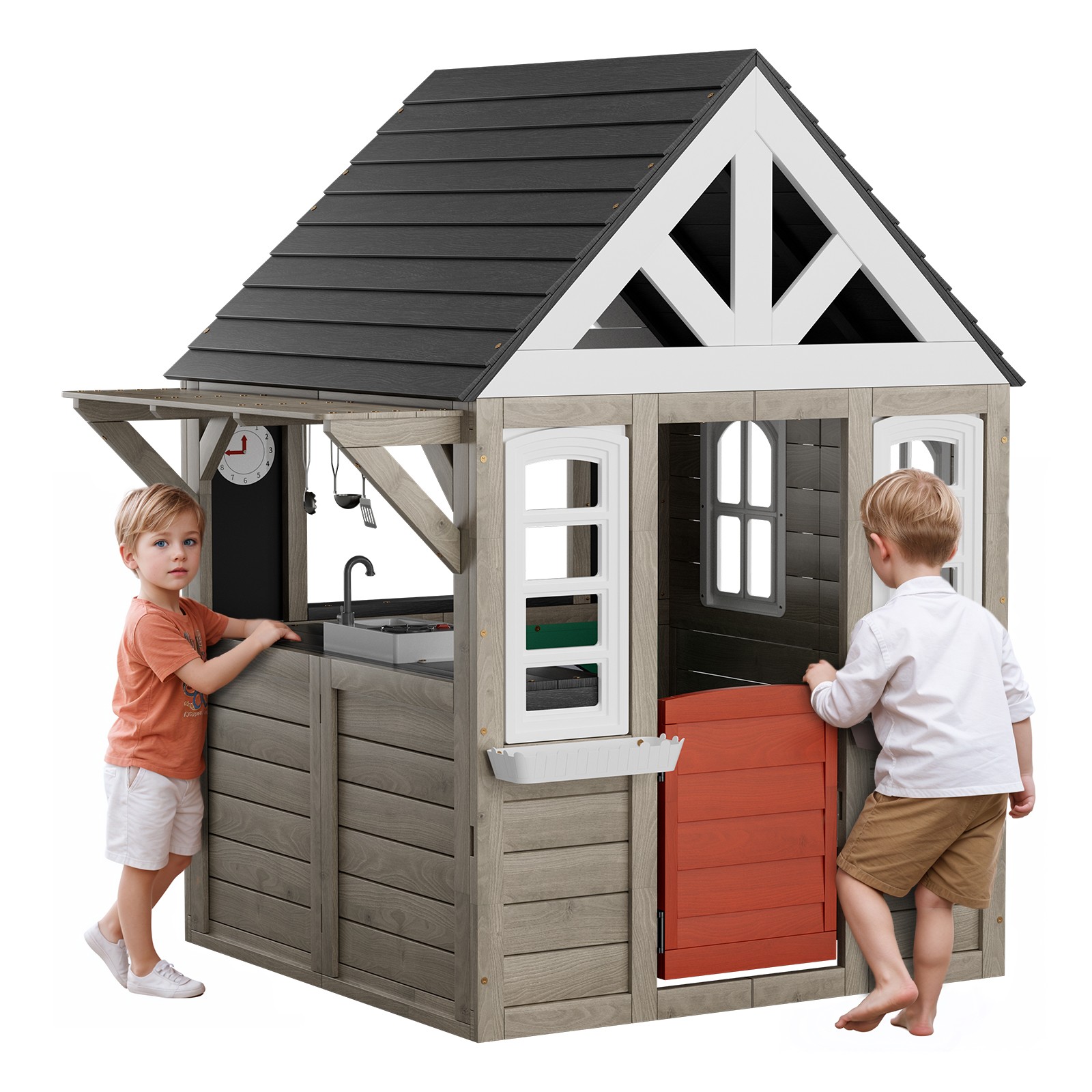 Outdoor Wooden Playhouse Kids Garden Games Cottage with Door Window Sink