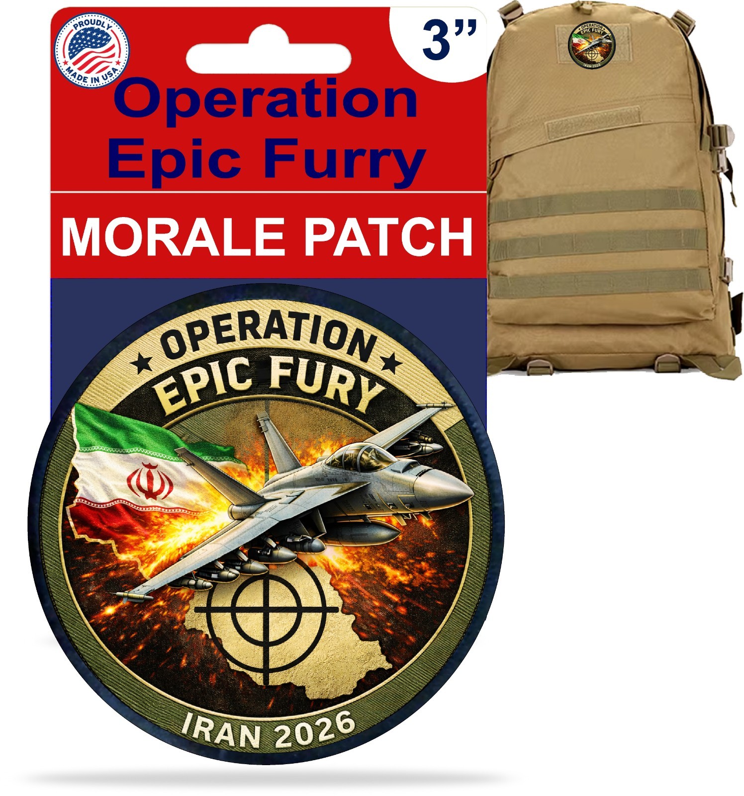 Operation Epic Fury Patriotic Morale Patch USA Israel UAE 2x3" tactical patch