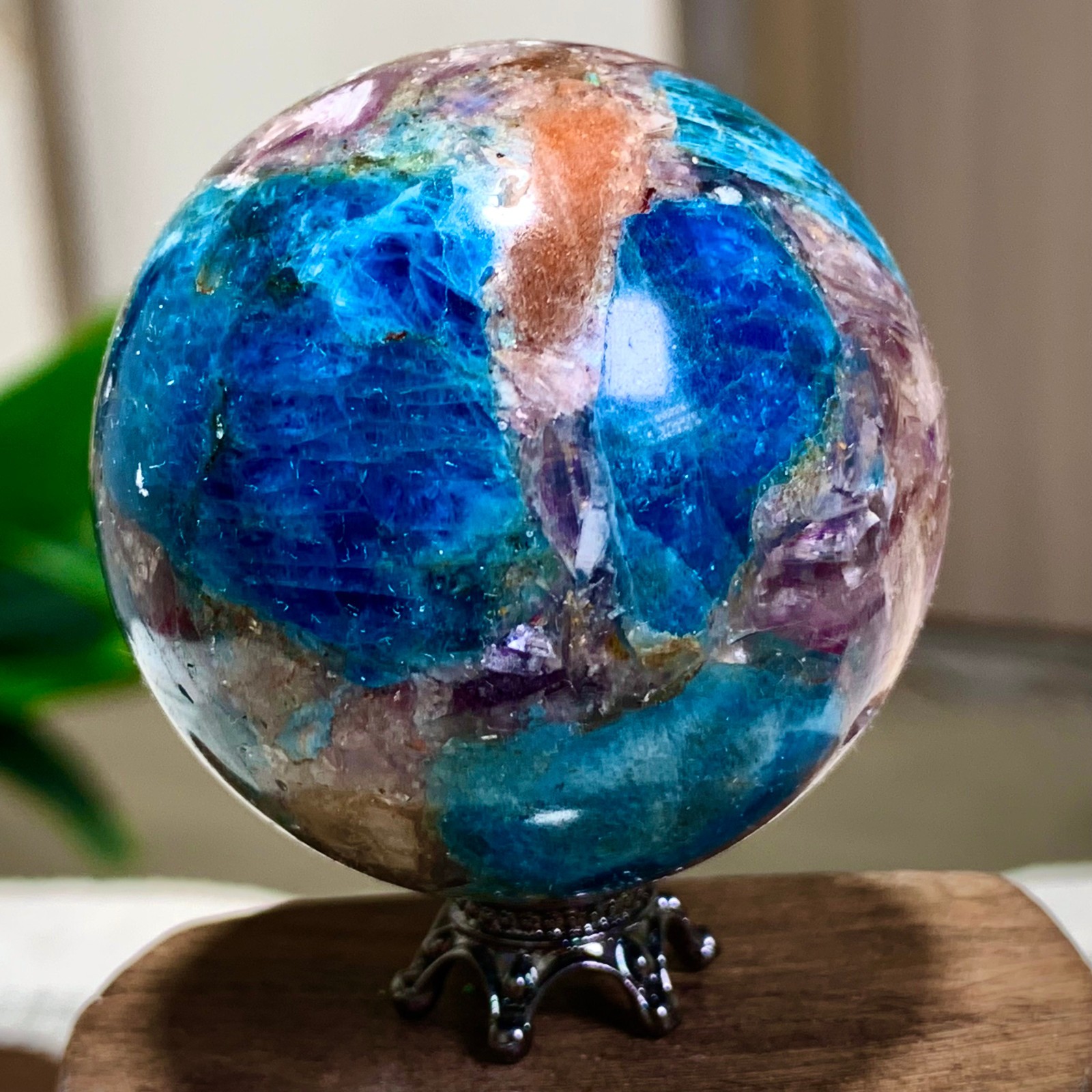 128G Natural Blue Aptite +Sun Stone purple lepidolite Sphere mineral sample