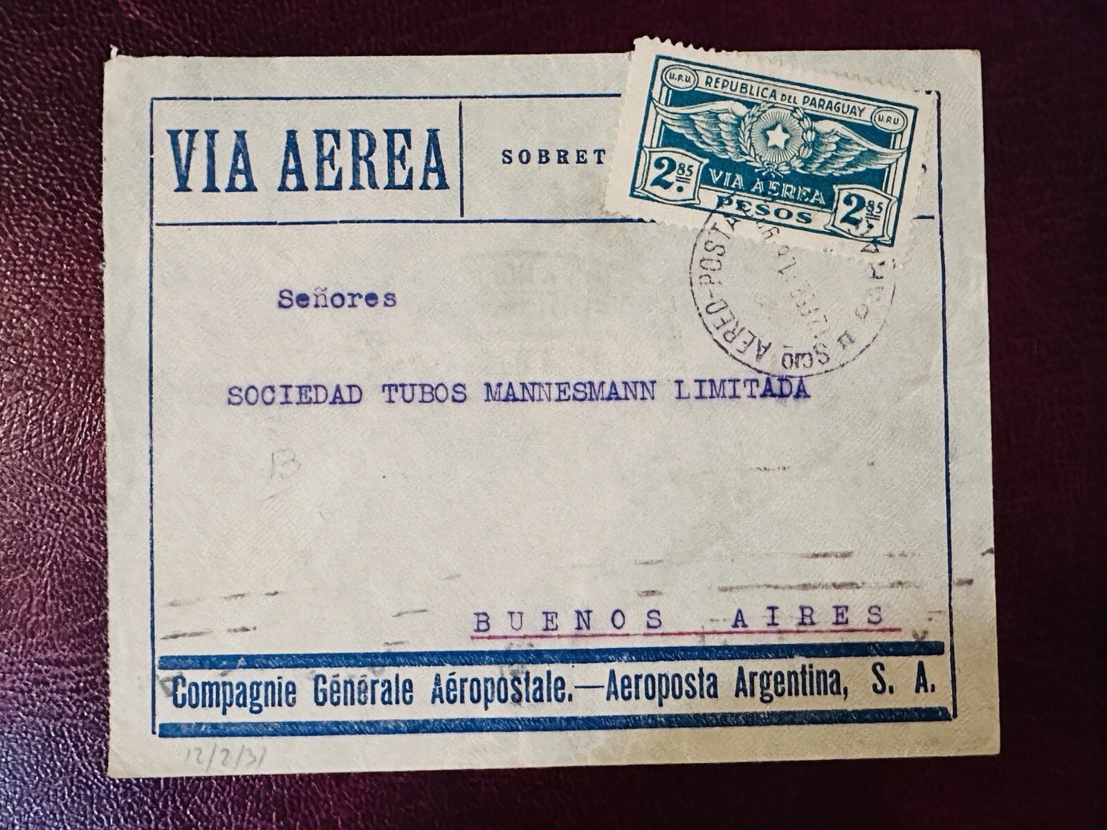 1931 PARAGUAY COVER AIR MAIL TO BUENOS AIRES ARGENTINA 2