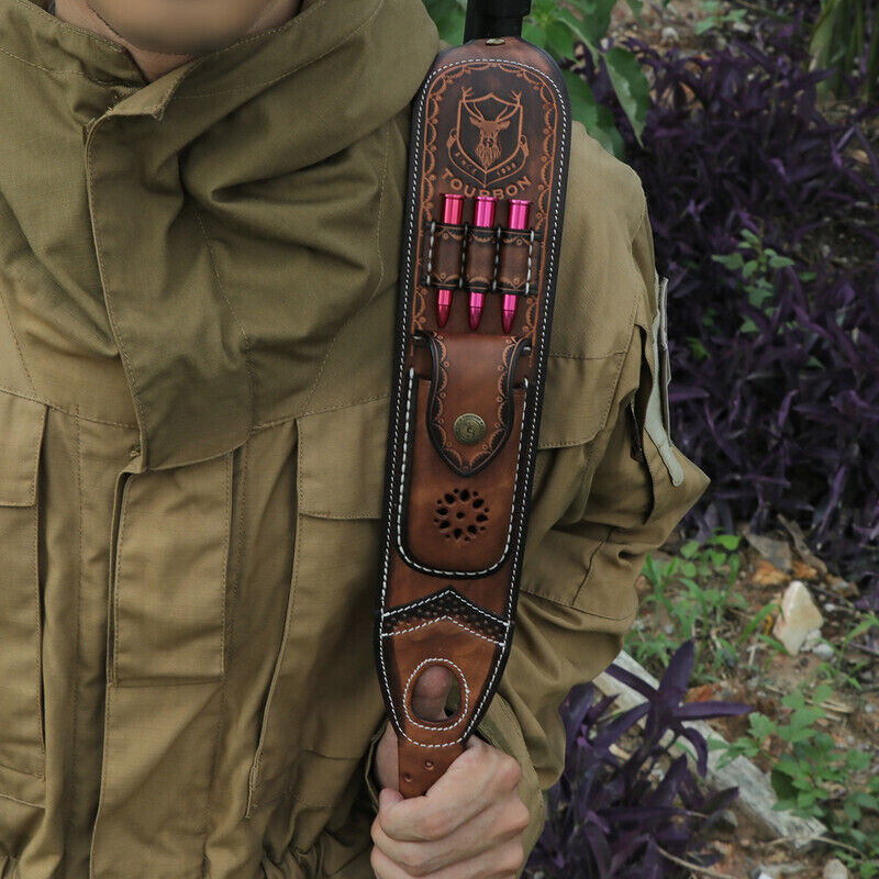 Tourbon Retro Leather Rifle Sling Gun Ammo Carrying Strap w/Knife Sheath Pocket