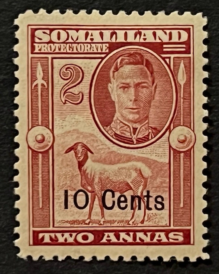 Travelstamps: 1942 Somaliland Stamps Sc #117 Sg 106 - 10c on 2 Annas KGVI MOGH