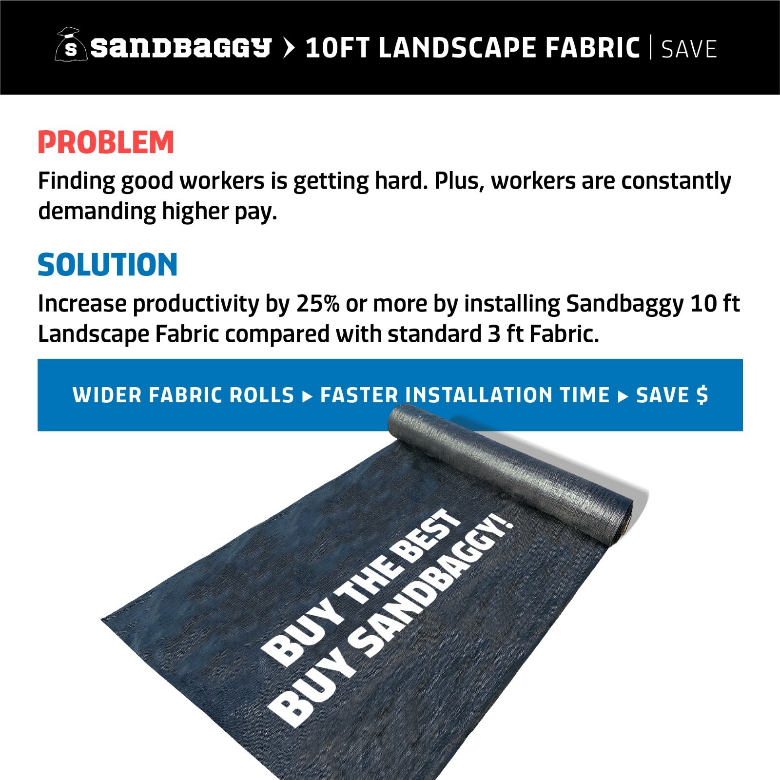 Sandbaggy 10 FT Wide Landscape Fabric | 40 Yr Fabric | Ground Cover Weed Barrier