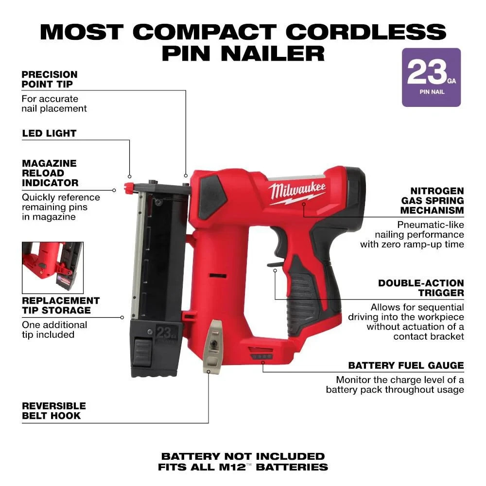 Milwaukee 2540-20 M12 12V 23 Gauge Cordless Pin Nailer Tool Only BRAND NEW