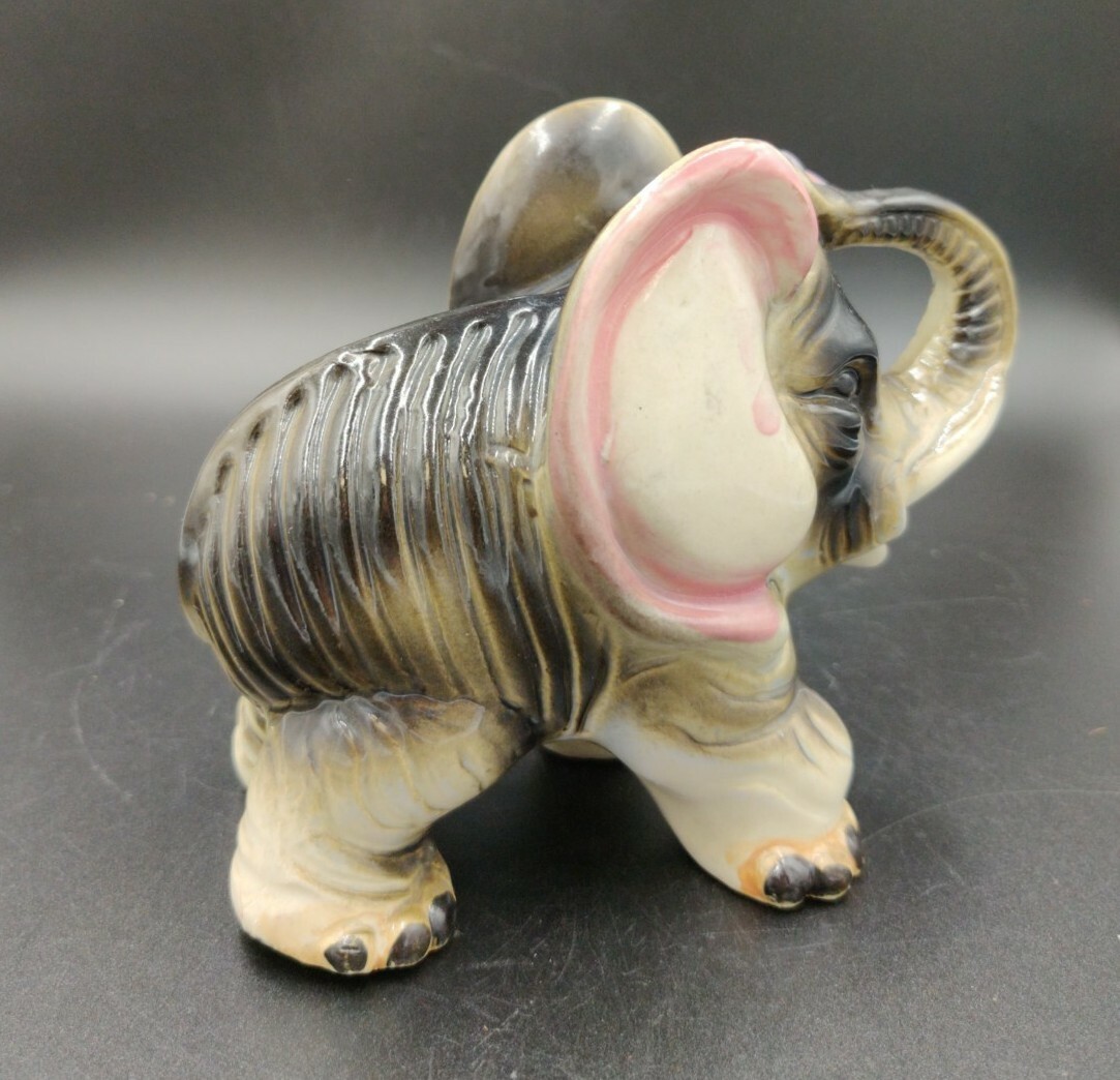 Vintage Wrinkled Ceramic Porcelain Elephant Trunk Up Figurine Good Luck