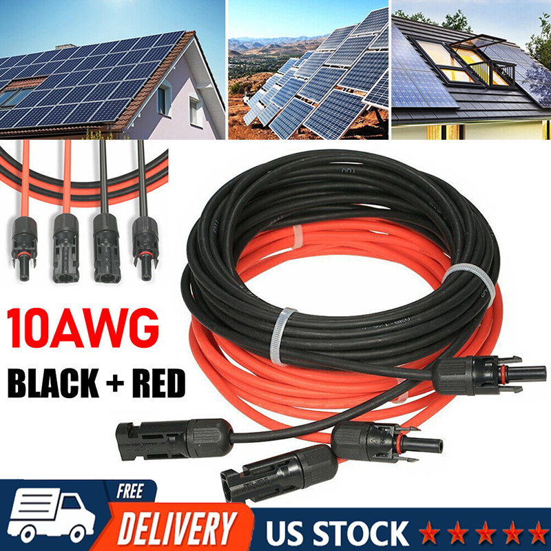 1 Pair Black+Red Solar Panel Extension Cable Wire Solar Connectors 10 AWG Gauge
