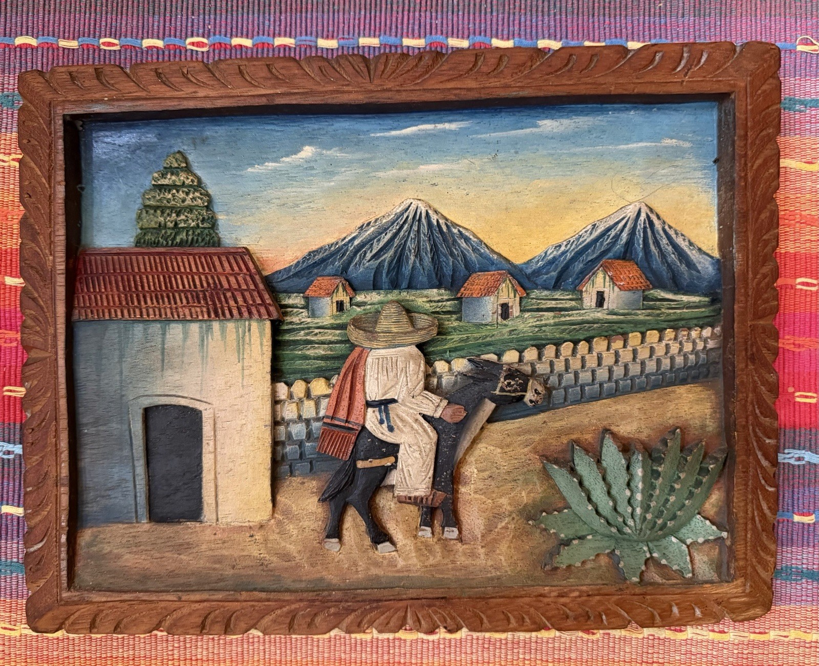 Vintage Mexican Folk Art Wood Carved Bas Relief  11 1/2” X 9”
