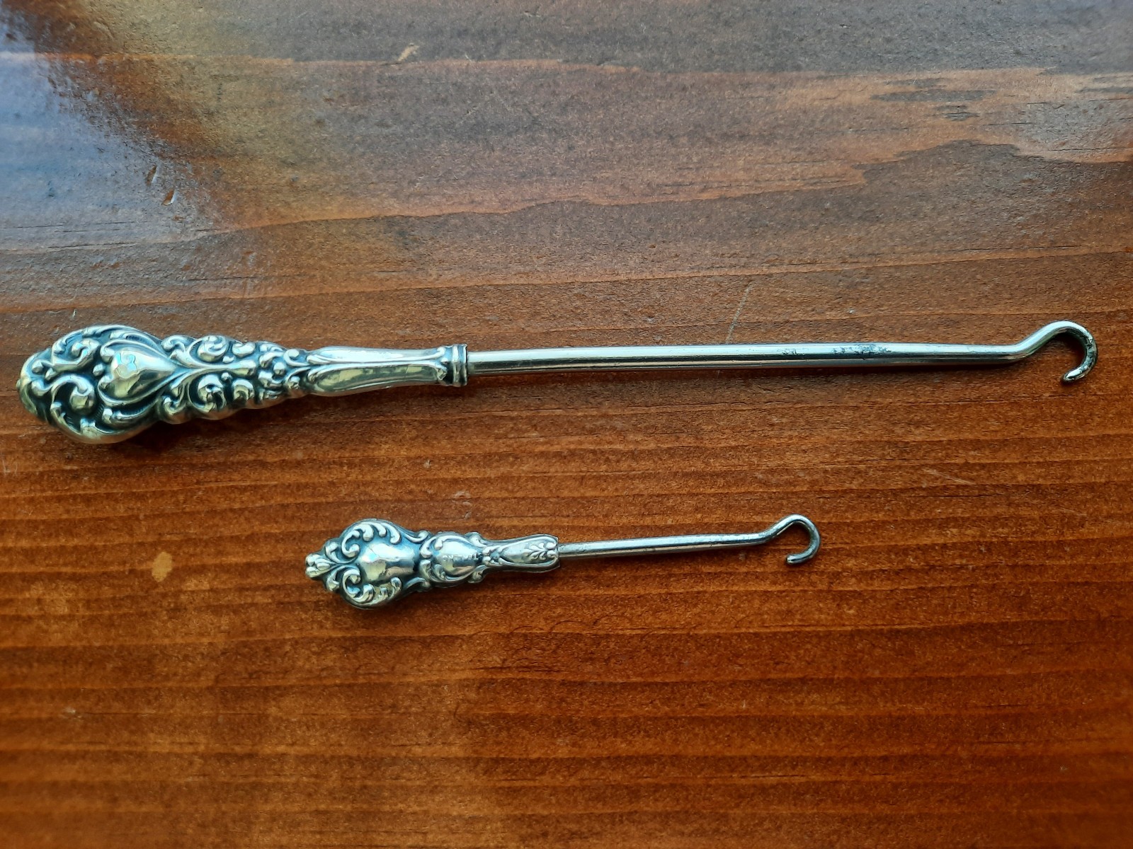 Sterling Silver Handle Button Hook, One Large, One Small