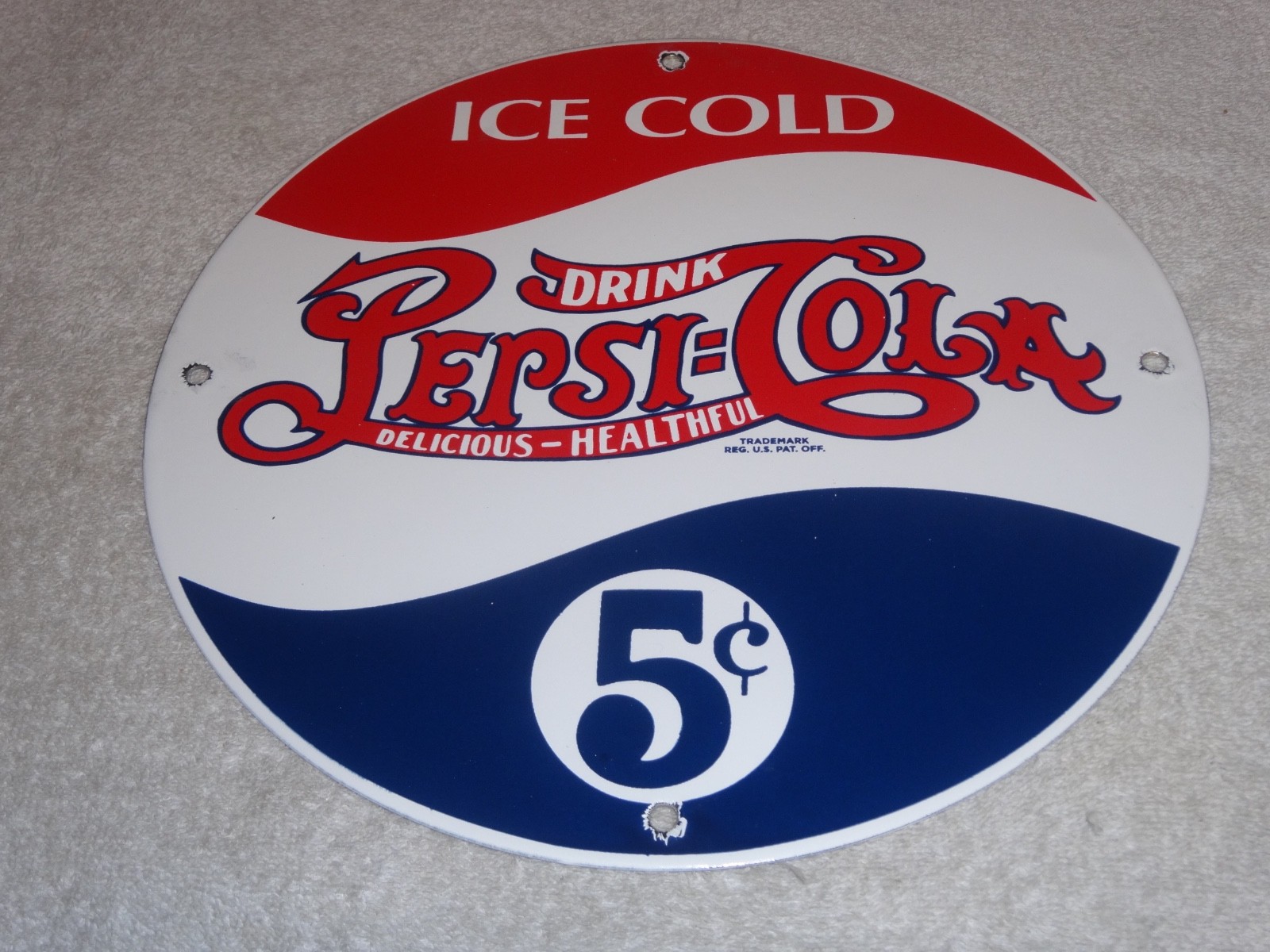VINTAGE DRINK PEPSI COLA 5 CENTS! 11 3/4" PORCELAIN METAL SODA GASOLINE OIL SIGN