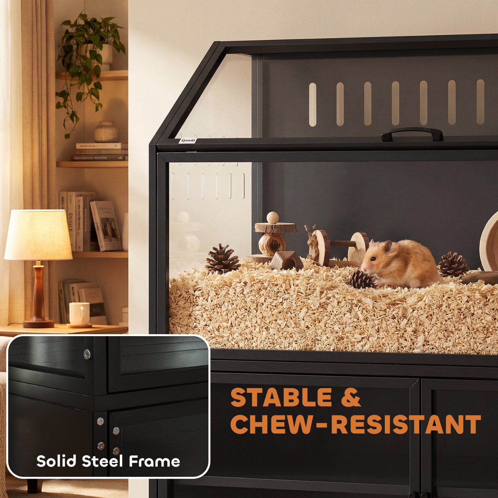 Hamster Cage with Storage Cabinet, Small Animal Cage with Acrylic Panels